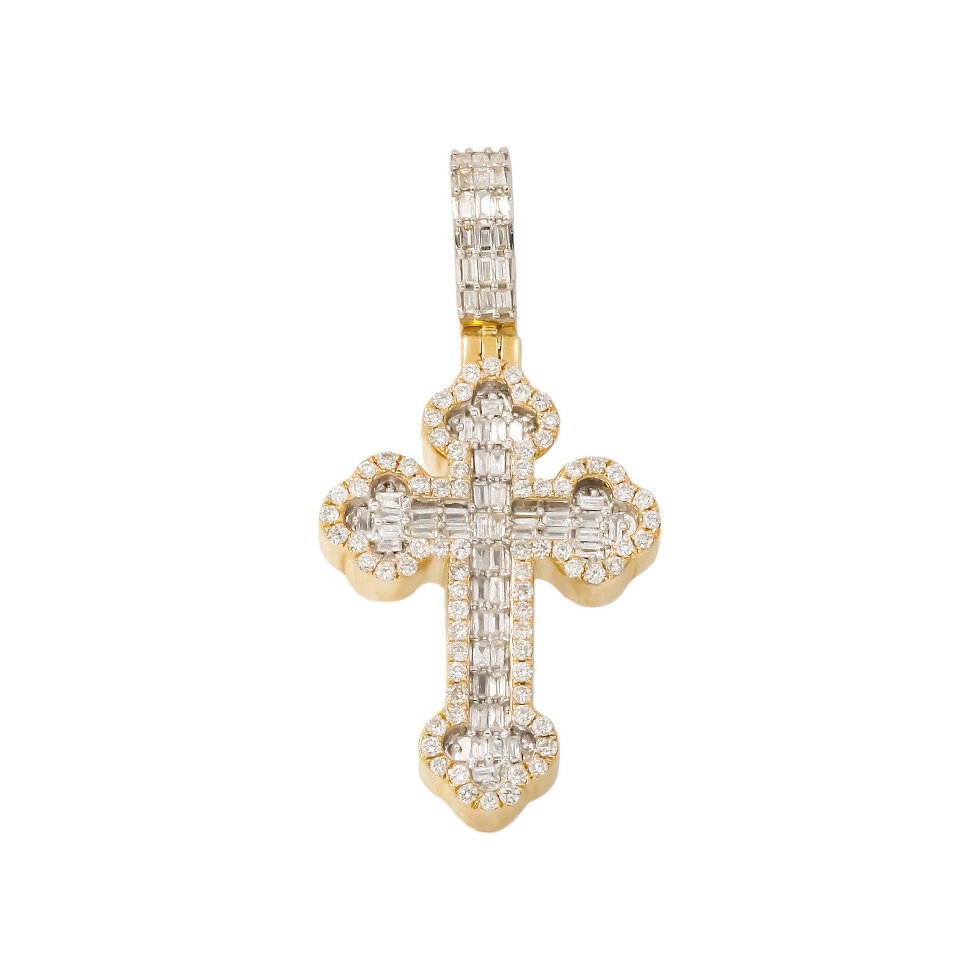 14K GOLD BAGUETTE AND ROUND DIAMOND CROSS PENDANT 1.25 CT