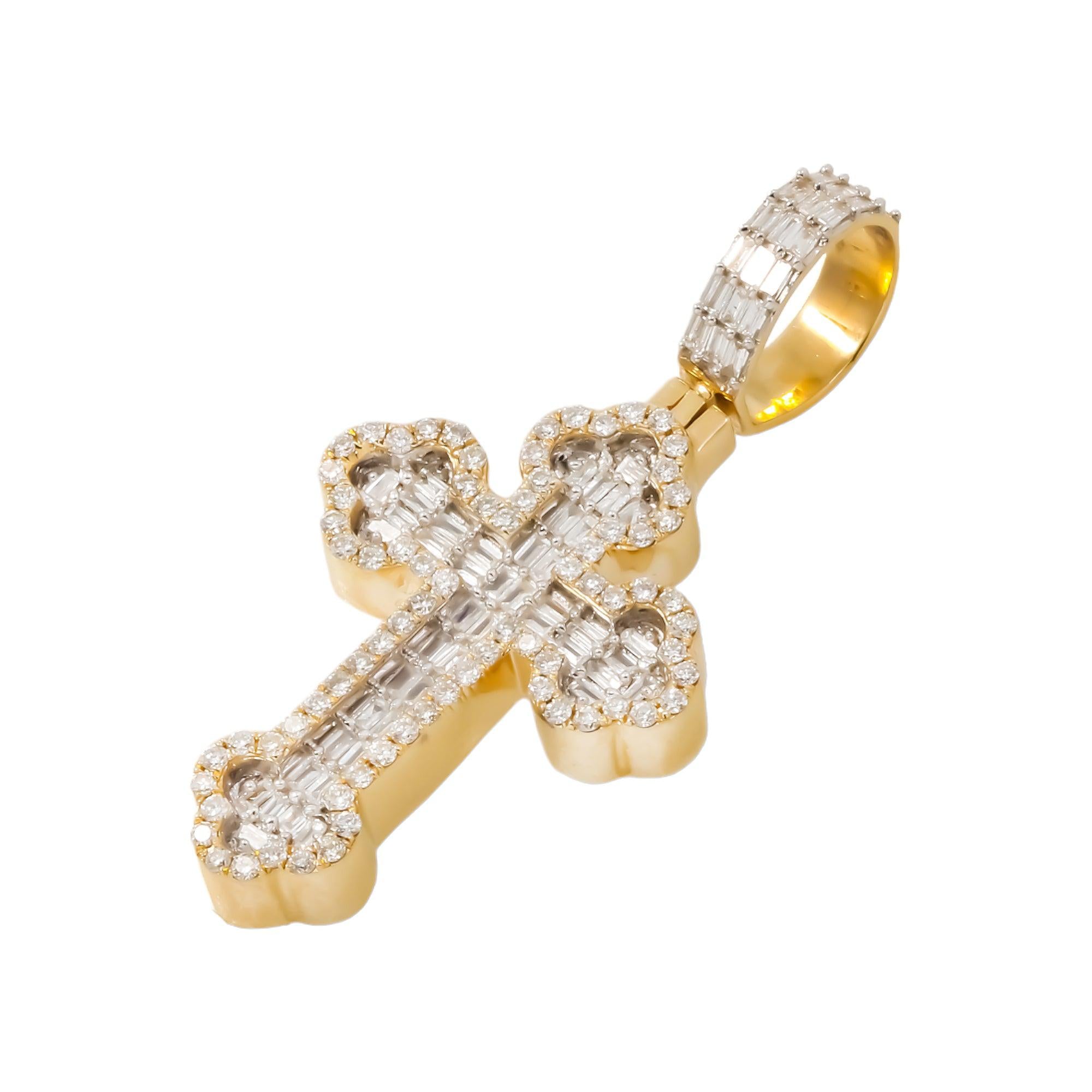 14K GOLD BAGUETTE AND ROUND DIAMOND CROSS PENDANT 1.25 CT