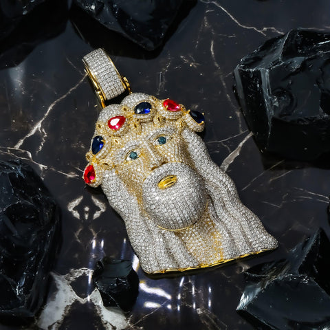 10K GOLD DIAMOND AND GEMSTONE JESUS HEAD PENDANT 13.06 CTW