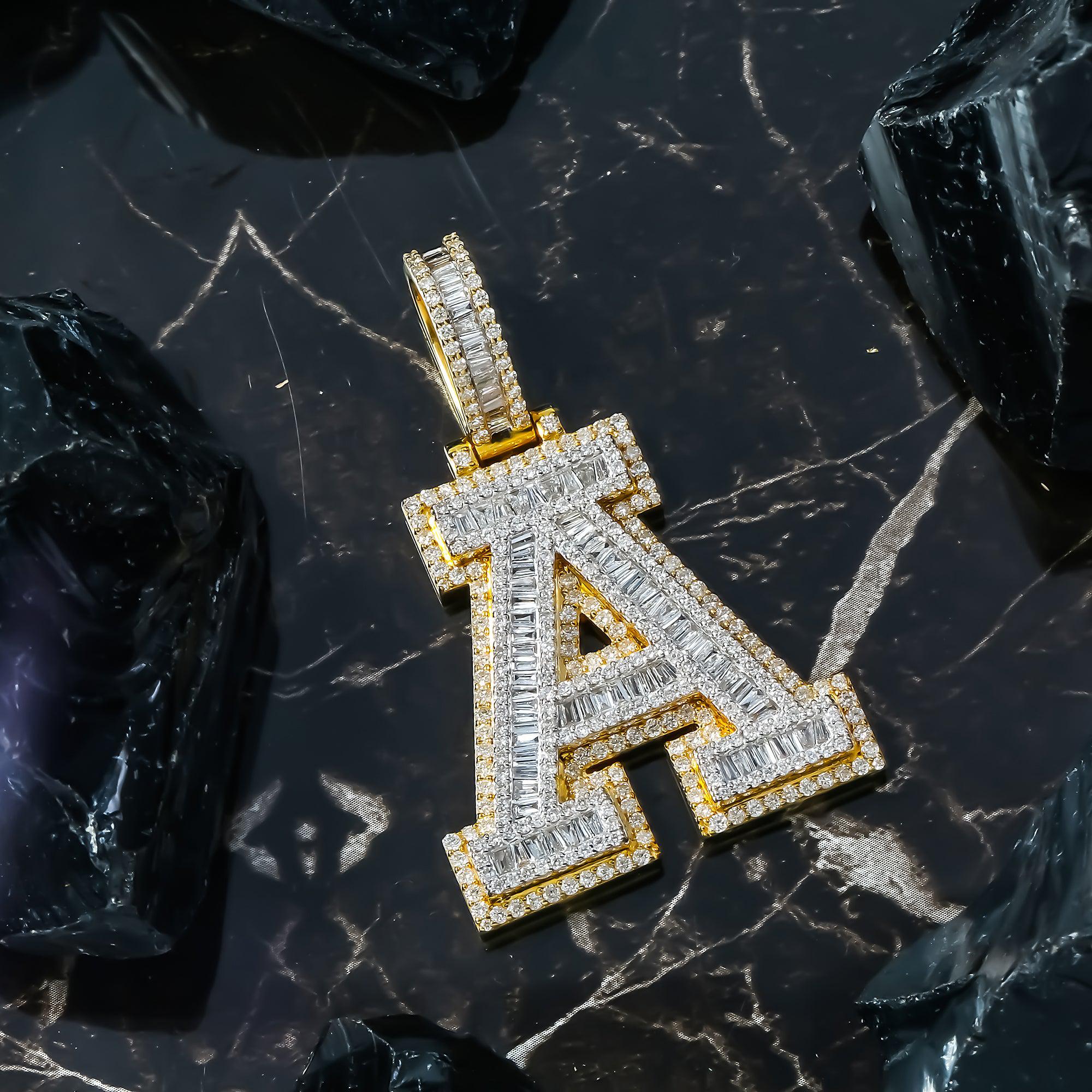 10K GOLD BAGUTTE AND ROUND DIAMOND INITIAL LETTER A PENDANT 2.96 CT