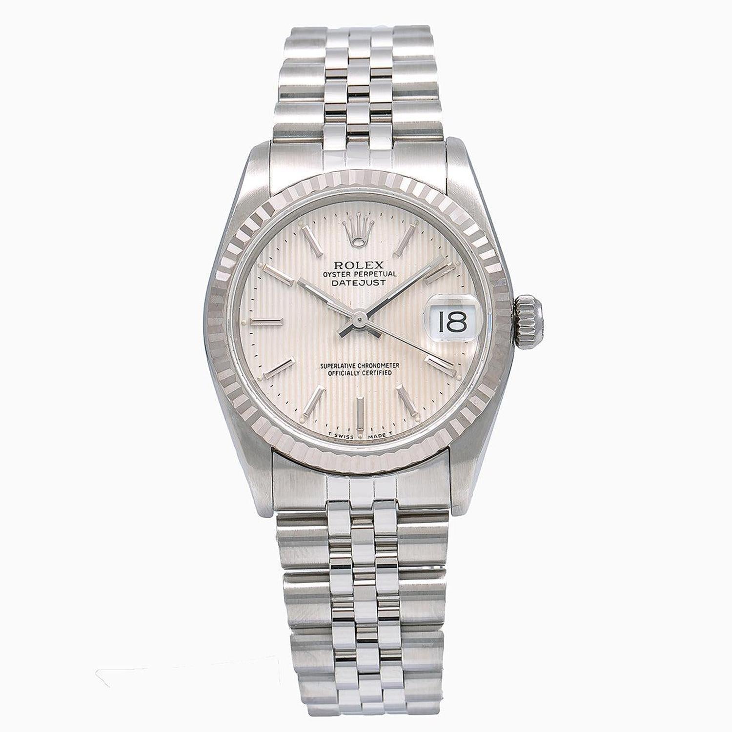 Rolex Datejust 31MM 78274 Silver Tapestry Dial White Gold Fluted Bezel Stainless Steel Jubilee Bracelet
