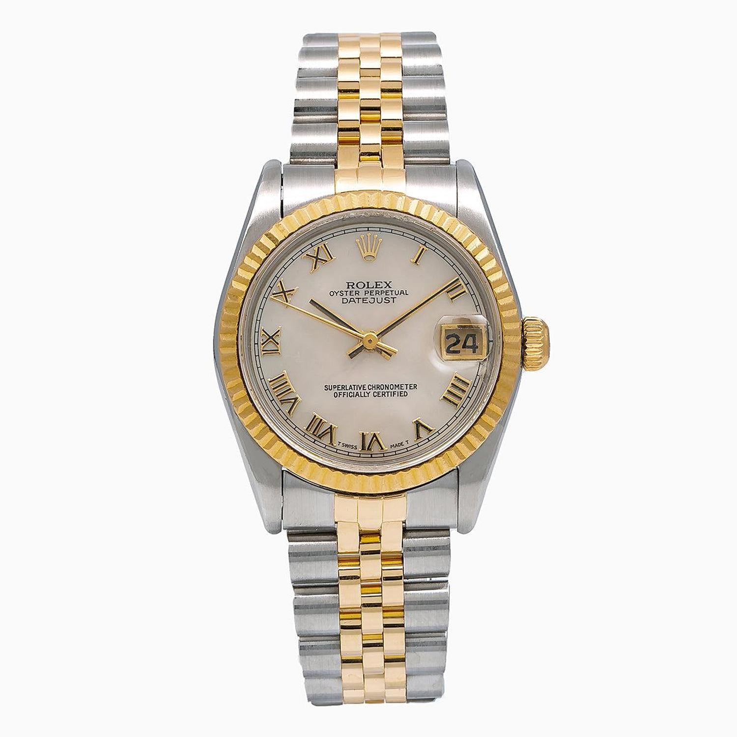Rolex Datejust 31MM 6824 Ivory Roman Dial Yellow Gold Fluted Bezel Two Tone Jubilee Bracelet