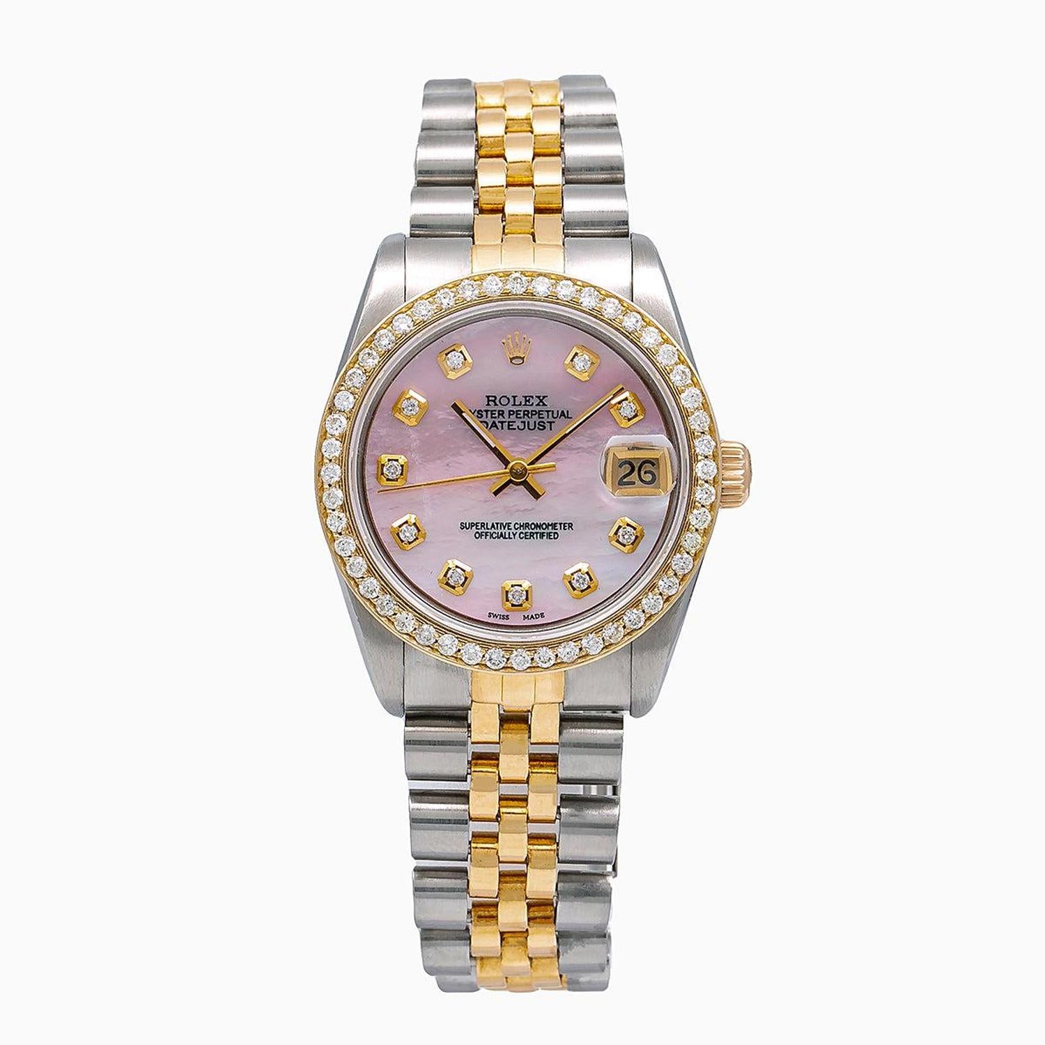 Rolex Datejust 31MM 6824 Pink Mother of Pearl Diamond Dial Diamond Bezel Two Tone Jubilee Bracelet 1.05ct