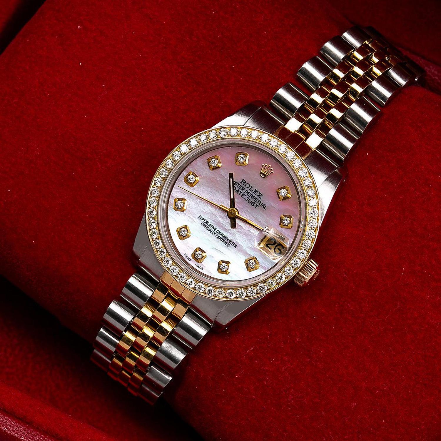 Rolex Datejust 31MM 6824 Pink Mother of Pearl Diamond Dial Diamond Bezel Two Tone Yellow Gold Jubilee Bracelet 1.05ct