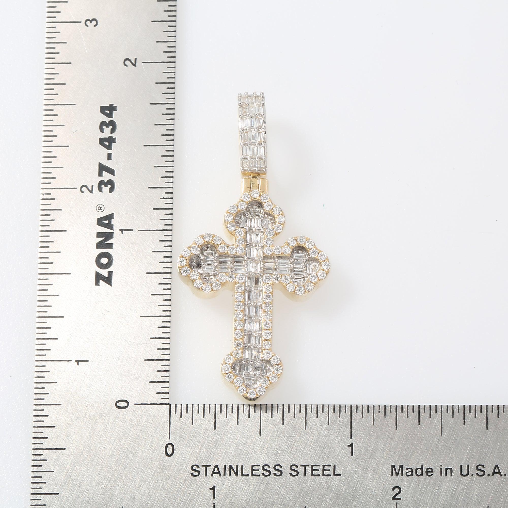 14K GOLD BAGUETTE AND ROUND DIAMOND CROSS PENDANT 1.25 CT