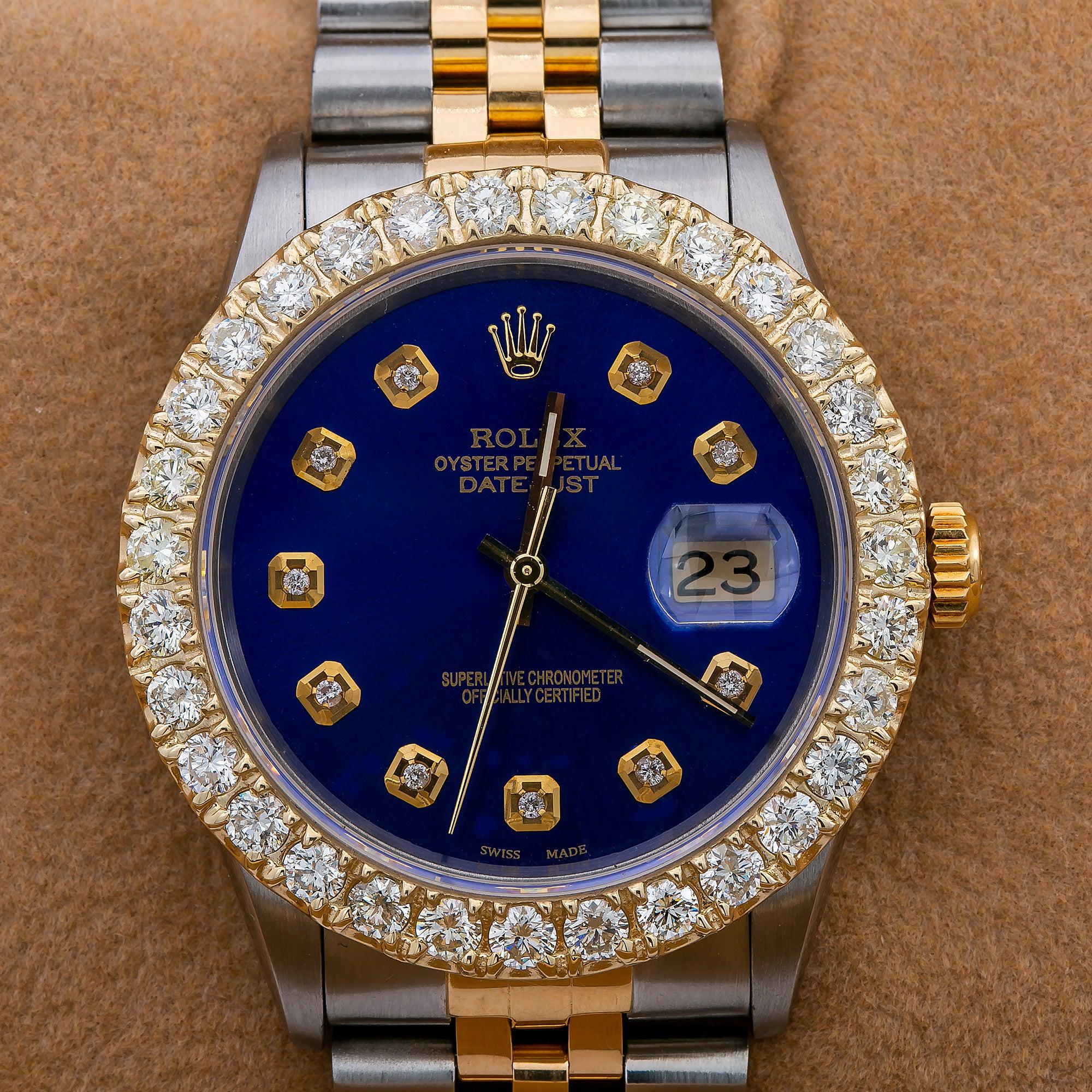 Rolex Datejust 36MM 16013 Blue Diamond Dial Diamond Bezel Two Tone Yellow Gold Jubilee Bracelet