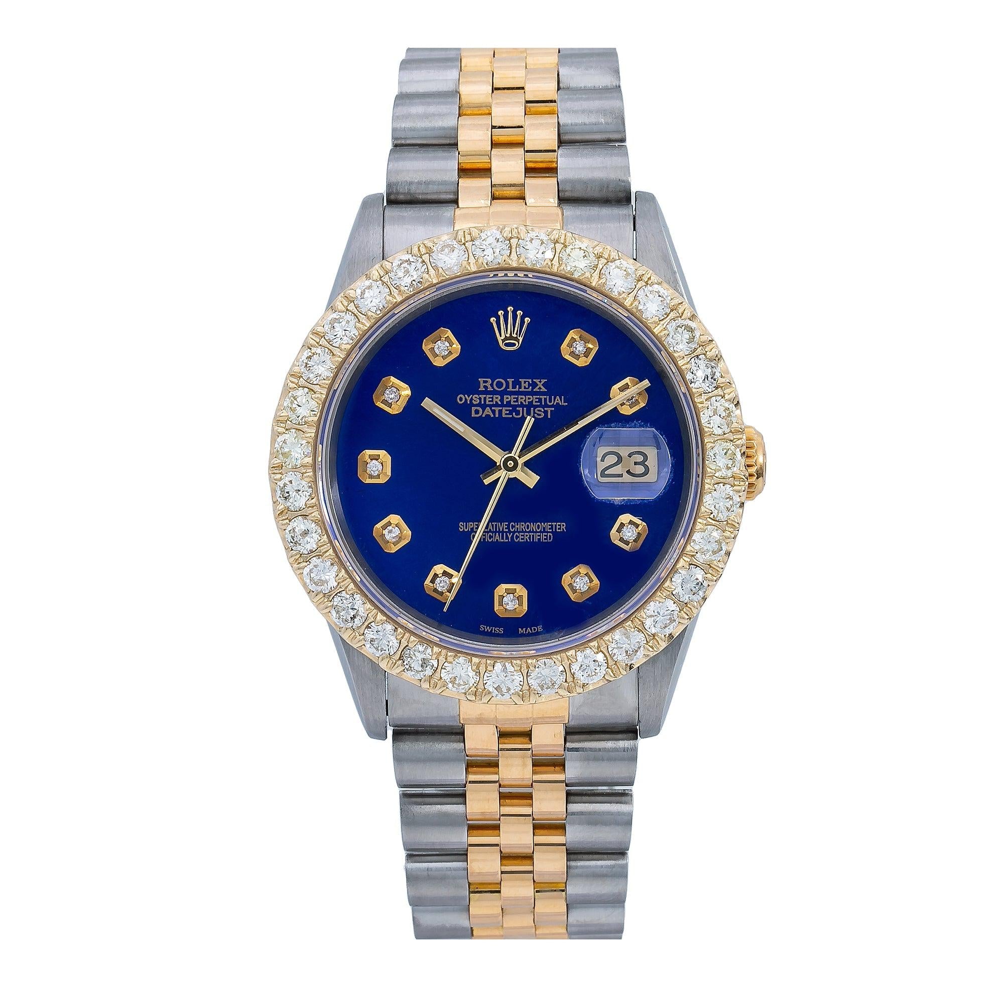 Rolex Datejust 36MM 16013 Blue Diamond Dial Diamond Bezel Two Tone Yellow Gold Jubilee Bracelet