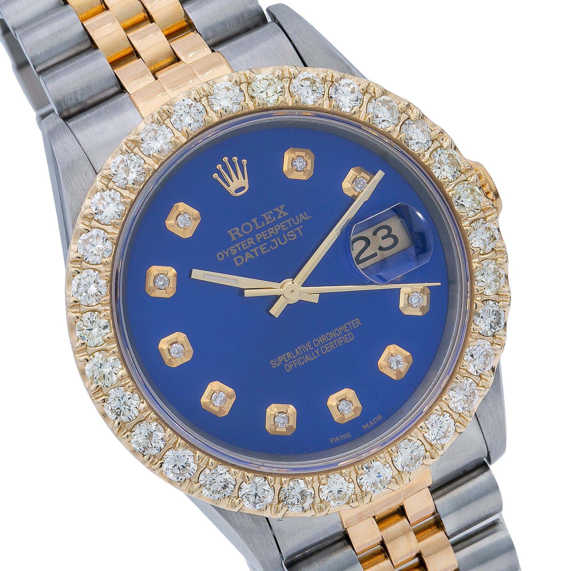 Rolex Datejust 36MM 16013 Blue Diamond Dial Diamond Bezel Two Tone Yellow Gold Jubilee Bracelet