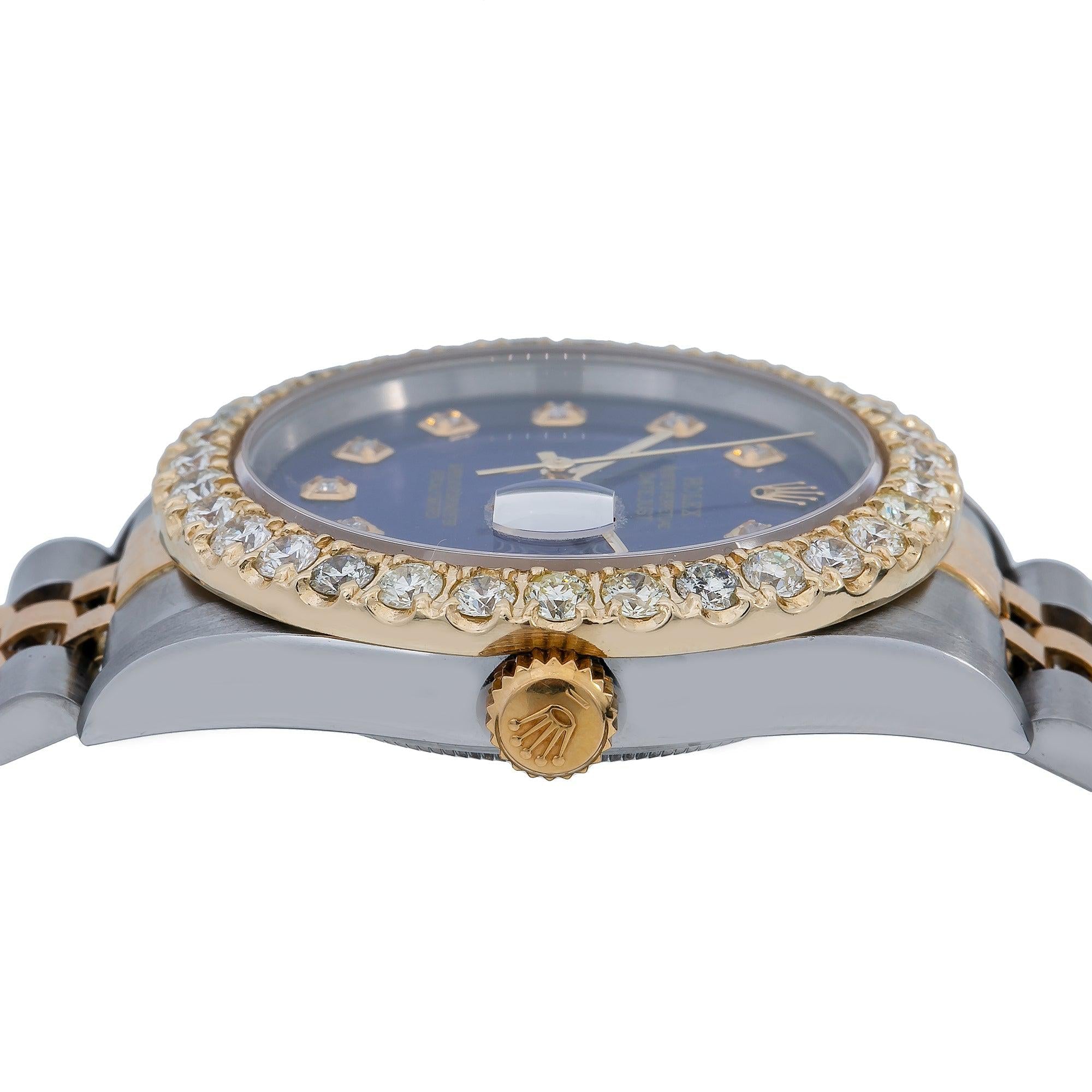 Rolex Datejust 36MM 16013 Blue Diamond Dial Diamond Bezel Two Tone Yellow Gold Jubilee Bracelet