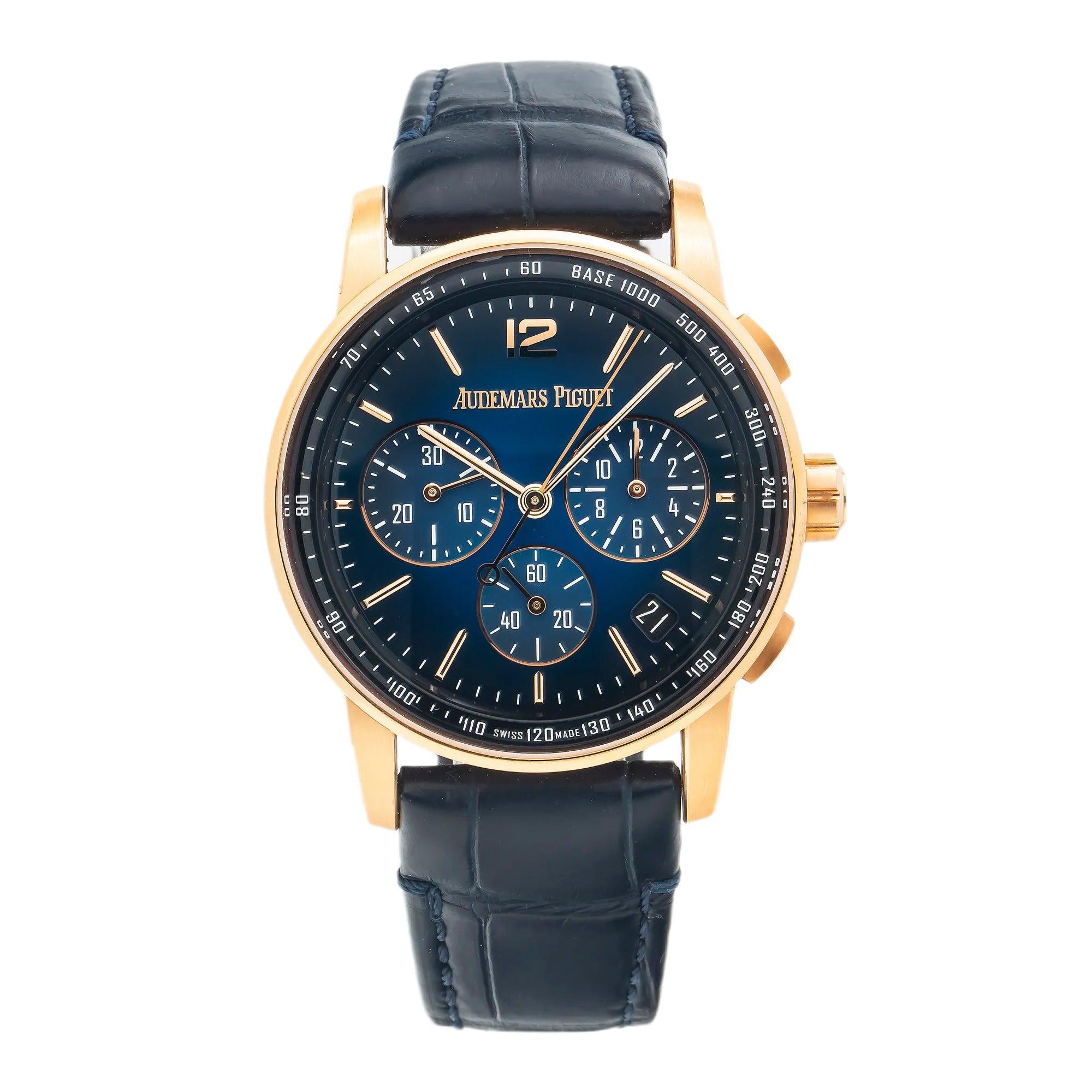 Audemars Piguet Code 11.59 Chronograph 41MM 26393OR.OO.A002KB.03 Blue Dial Rose Gold Bezel Black Alligator Leather Strap