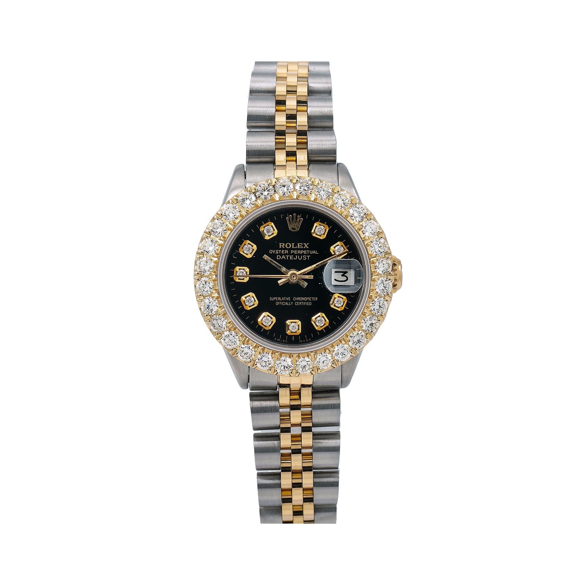 Rolex Datejust 26MM 69173 Black Diamond Dial Diamond Bezel Two Tone Jubilee Bracelet 1.95ct