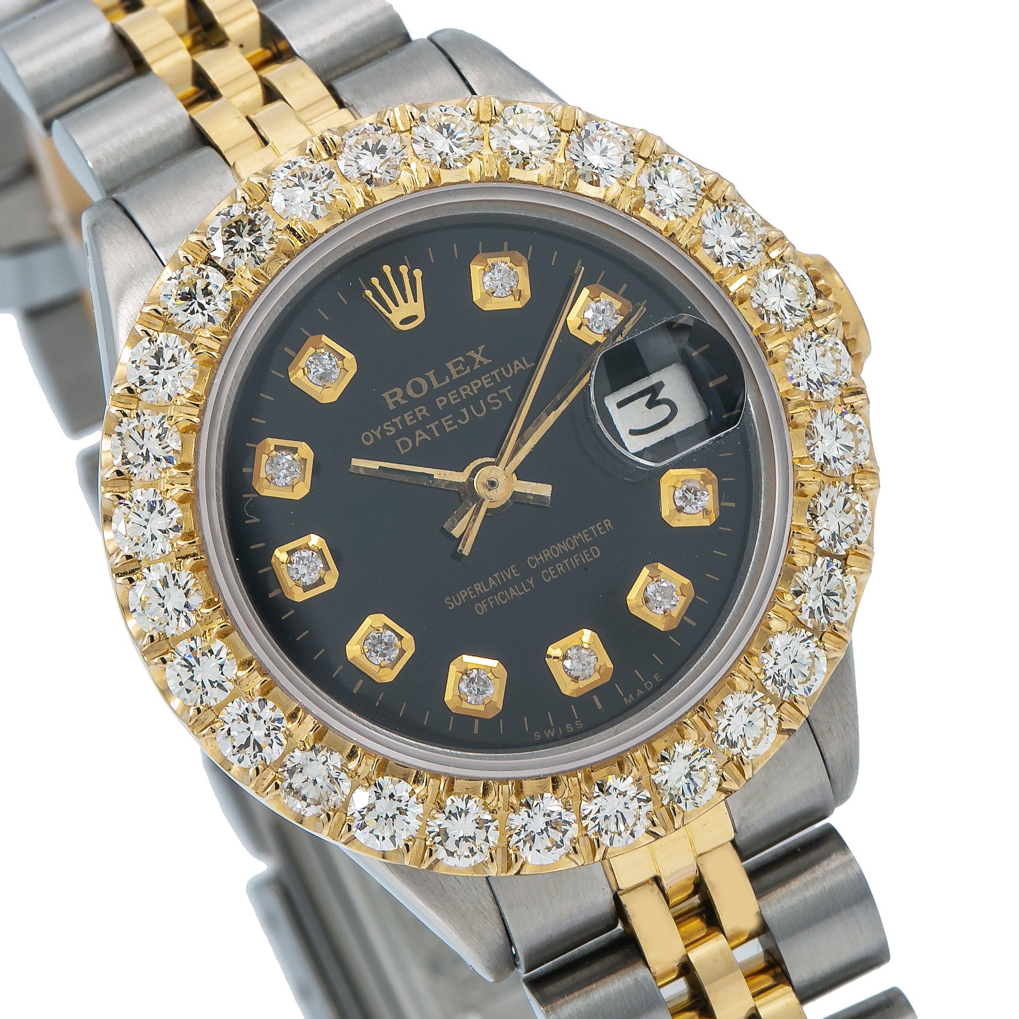 Rolex Datejust 26MM 69173 Black Diamond Dial Diamond Bezel Two Tone Yellow Gold Jubilee Bracelet 1.95ct