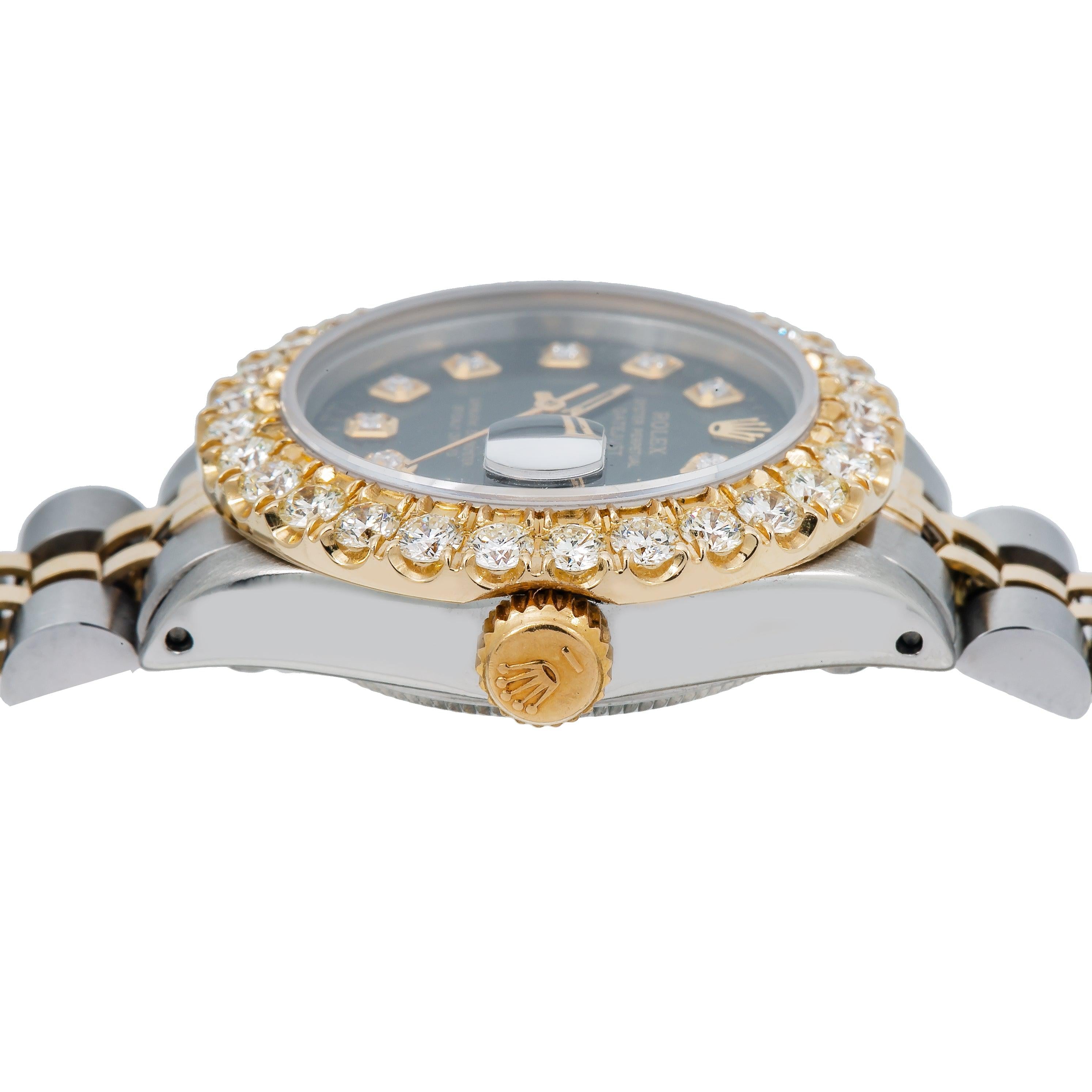 Rolex Datejust 26MM 69173 Black Diamond Dial Diamond Bezel Two Tone Yellow Gold Jubilee Bracelet 1.95ct
