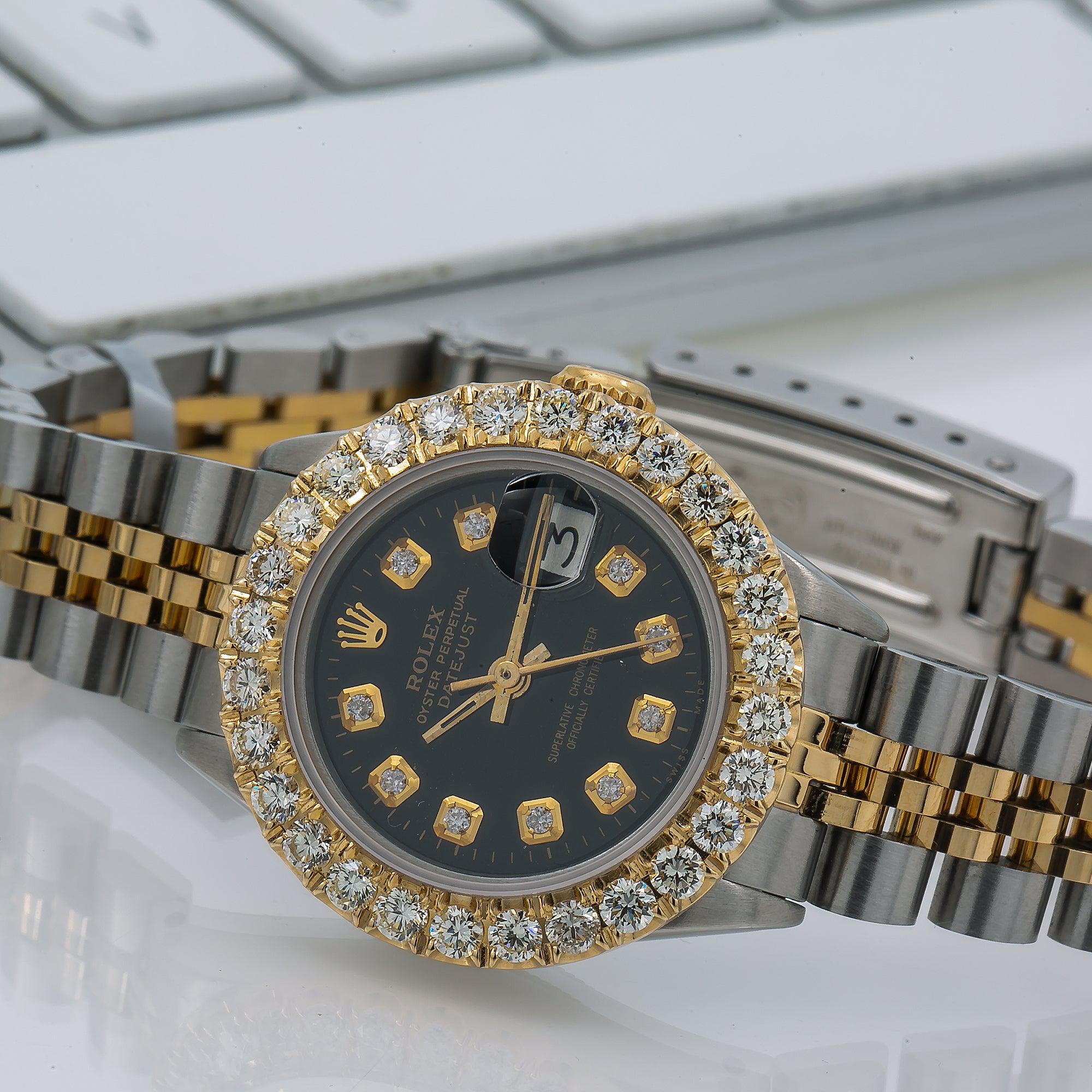 Rolex Datejust 26MM 69173 Black Diamond Dial Diamond Bezel Two Tone Yellow Gold Jubilee Bracelet 1.95ct