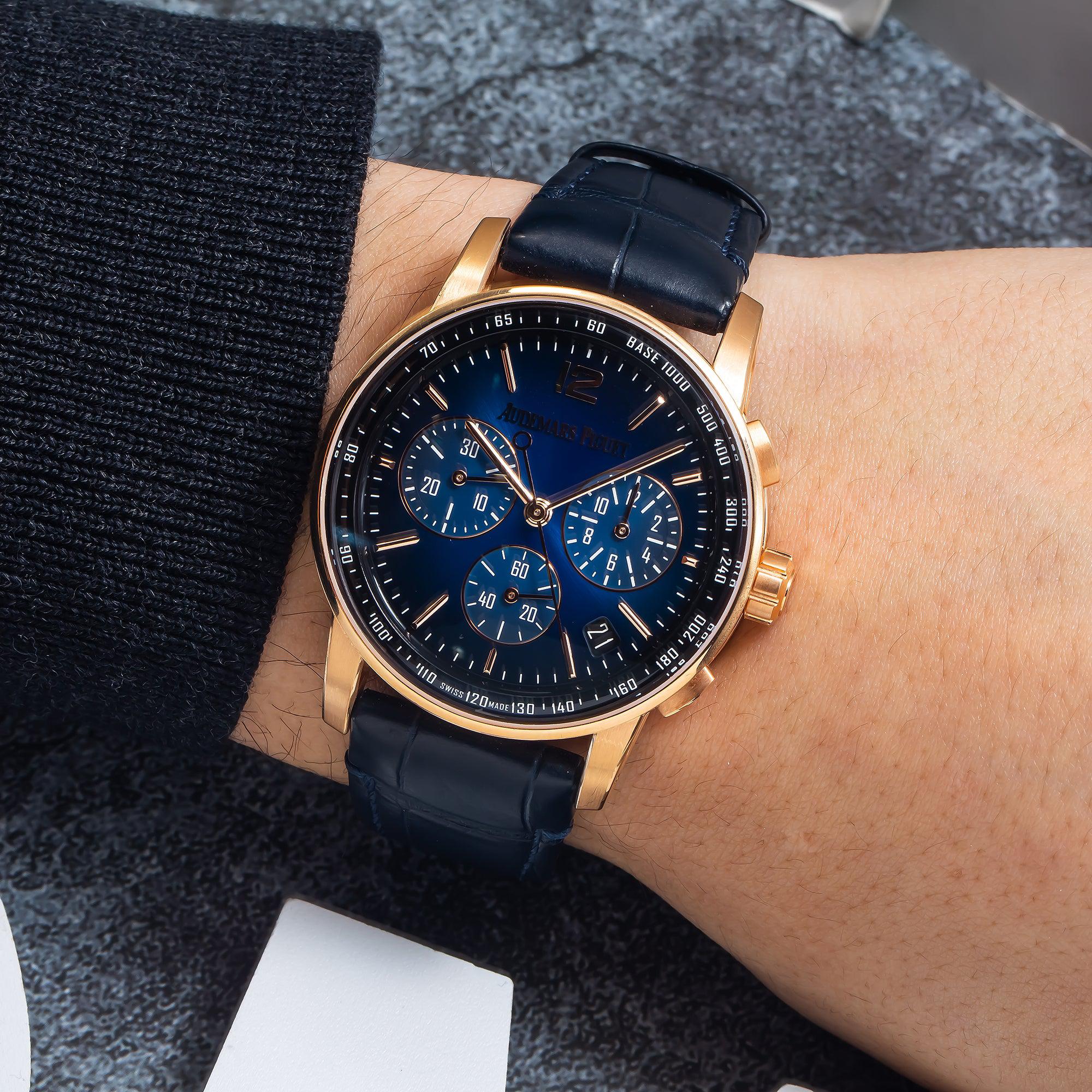 Audemars Piguet Code 11.59 Chronograph 41MM 26393OR.OO.A002KB.03 Blue Dial Rose Gold Bezel Black Alligator Leather Strap