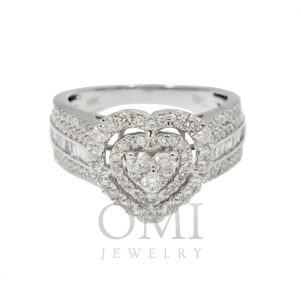 14K GOLD ROUND AND BAGUETTE DIAMOND HEART RING 1.38 CT