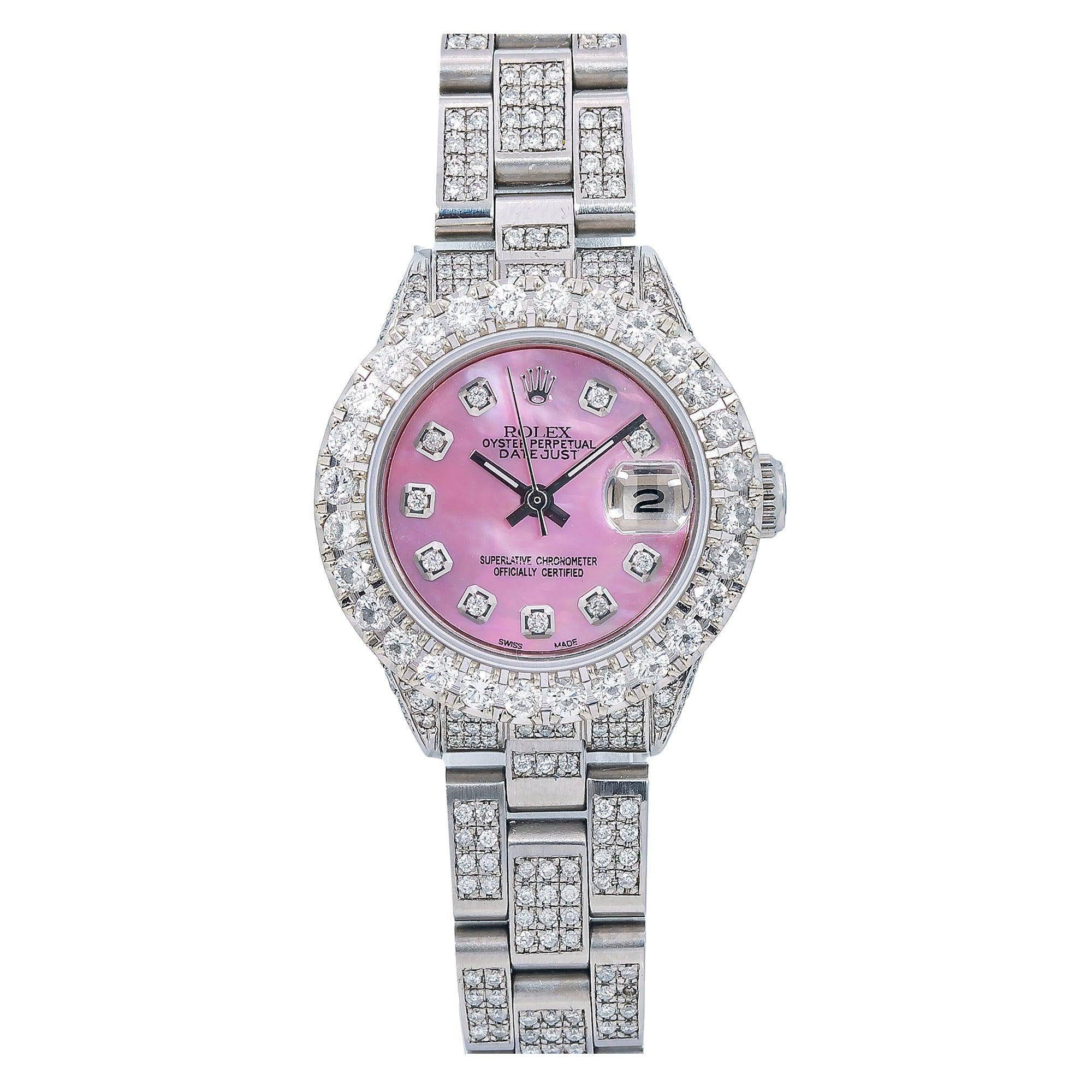 Rolex Datejust 26MM 69160 Pink Mother of Pearl Diamond Dial Diamond Bezel Full Diamond Oyster Bracelet 6.95ct
