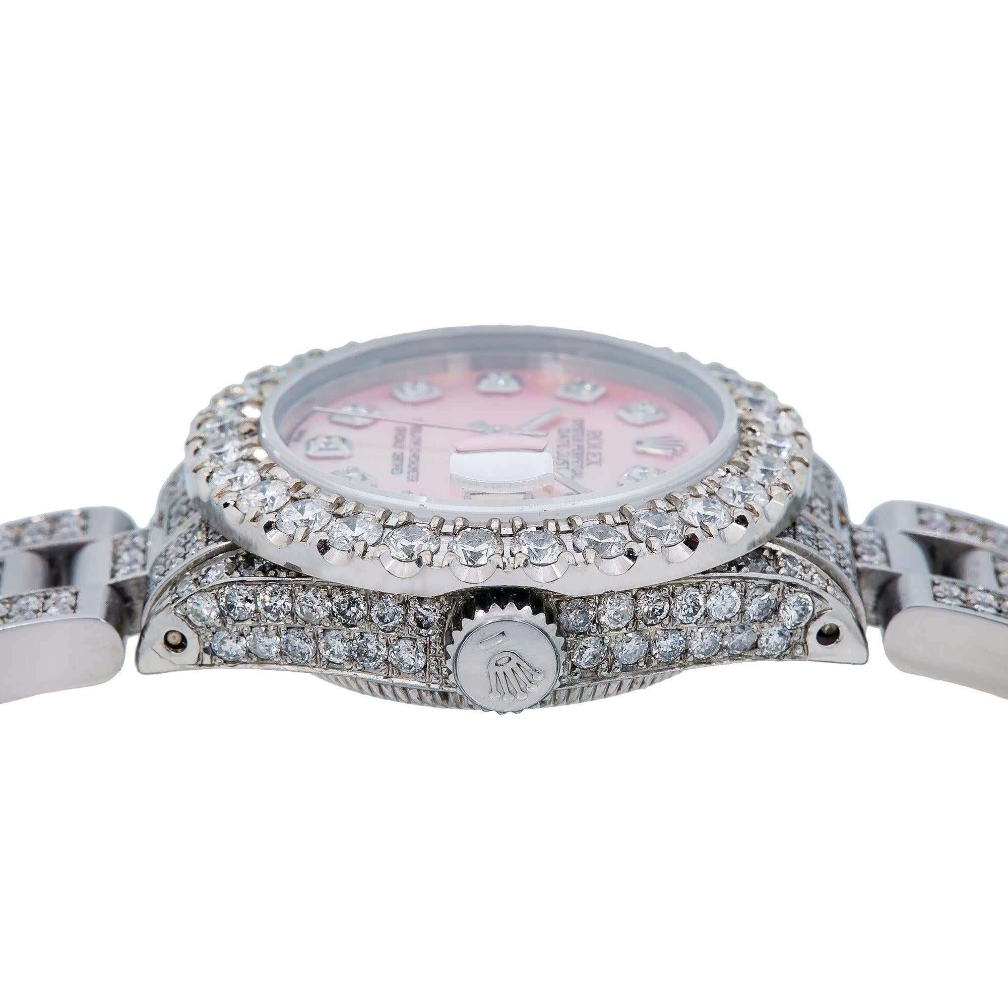 Rolex Datejust 26MM 69160 Pink Mother of Pearl Diamond Dial Diamond Bezel Stainless Steel Full Diamond Oyster Bracelet 6.95ct