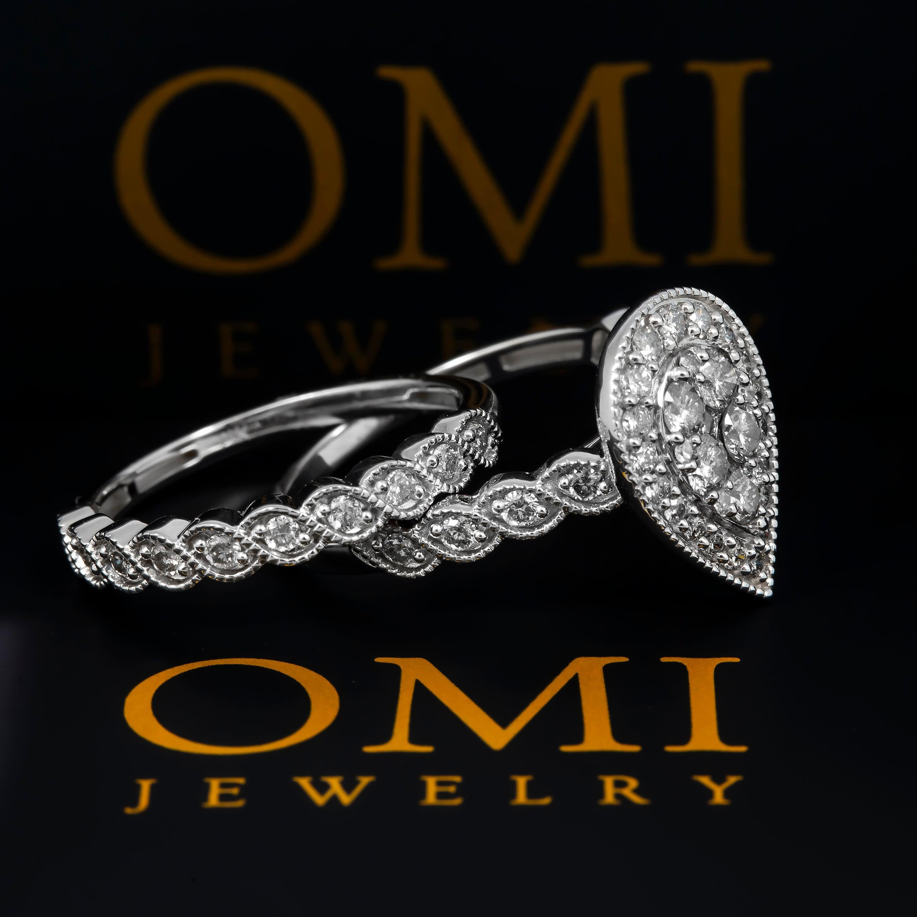 14K GOLD ROUND DIAMOND CLUSTER PEAR SHAPE BRIDAL SET 1.18 CTW