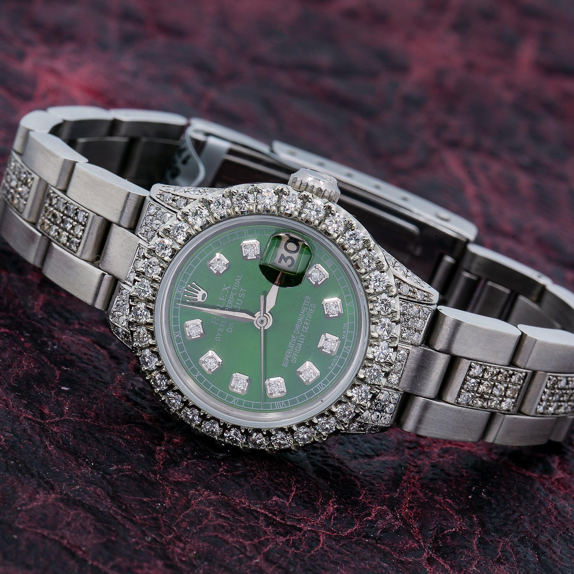 Rolex Datejust 26MM 69160 Green Diamond Dial Diamond Bezel Stainless Steel Semi Diamond Oyster Bracelet 6.05ct