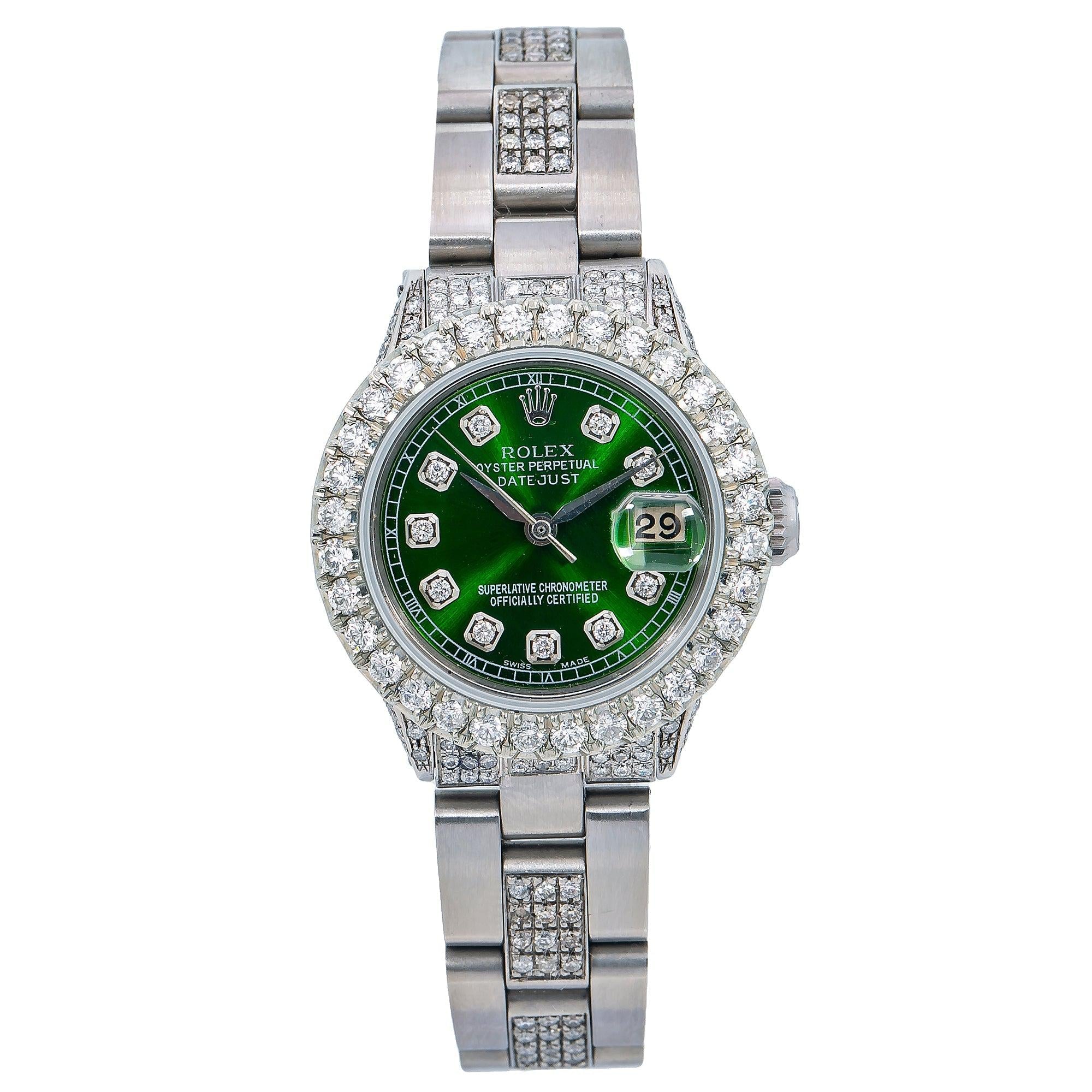 Rolex Datejust 26MM 69160 Green Diamond Dial Diamond Bezel Stainless Steel Semi Diamond Oyster Bracelet 6.05ct