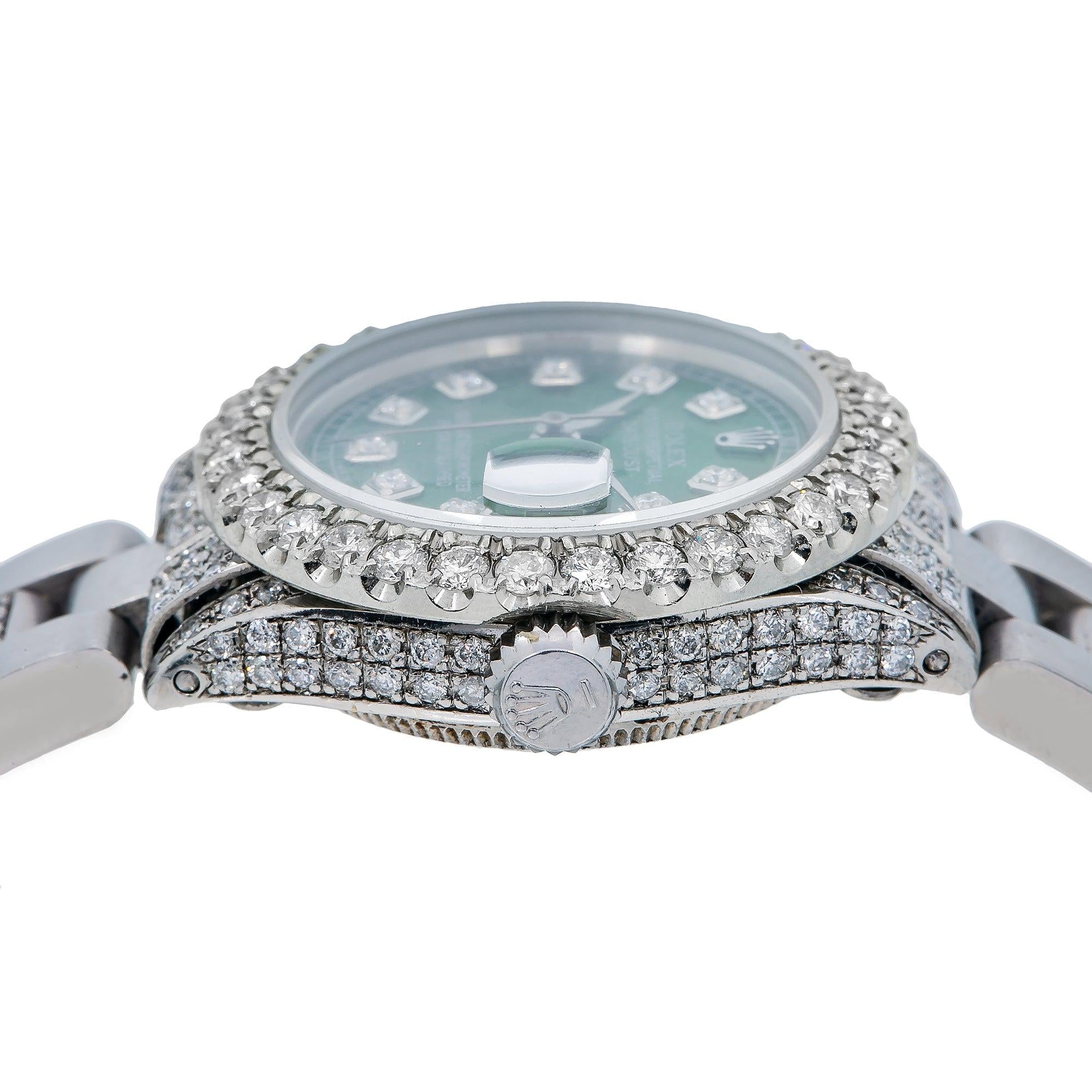 Rolex Datejust 26MM 69160 Green Diamond Dial Diamond Bezel Stainless Steel Semi Diamond Oyster Bracelet 6.05ct