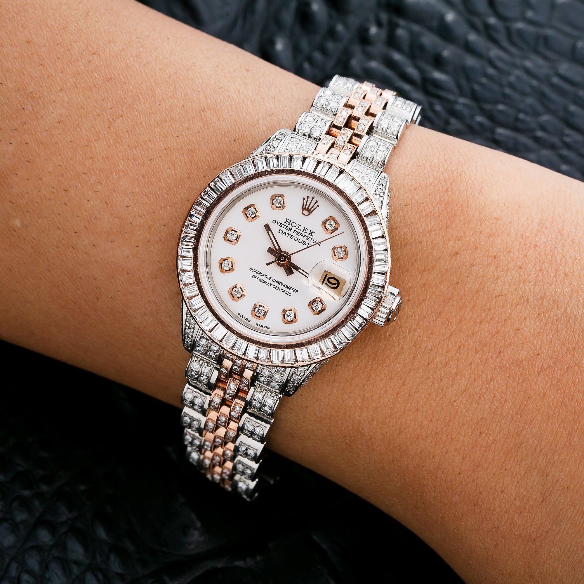 Rolex Datejust 26MM 69173 White Diamond Dial Diamond Bezel Two Tone Rose Gold Full Diamond Jubilee Bracelet