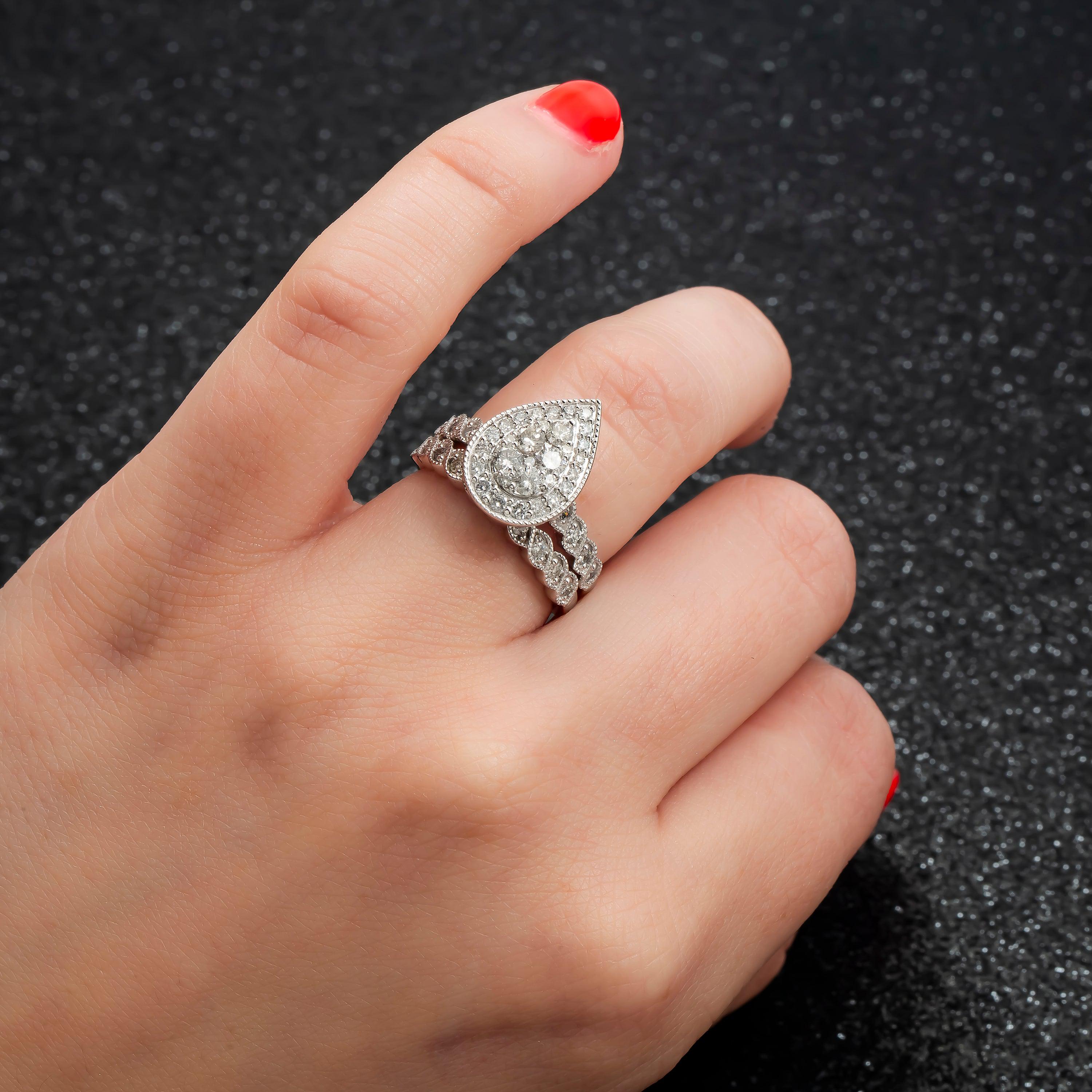 14K GOLD ROUND DIAMOND CLUSTER PEAR SHAPE BRIDAL SET 1.18 CTW