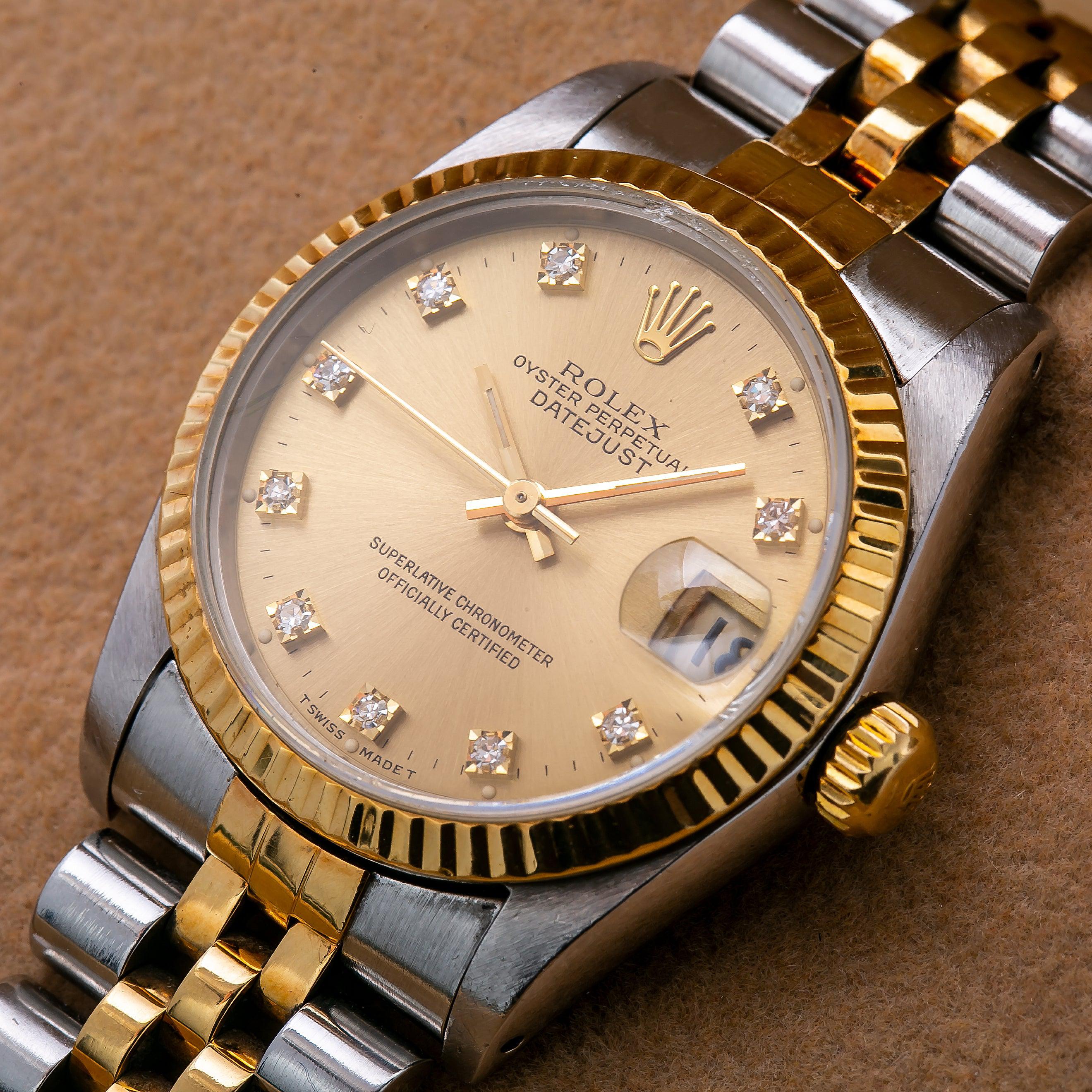 Rolex Datejust 31MM 6824 Champagne Diamond Dial Fluted Bezel Two Tone Yellow Gold Jubilee Bracelet