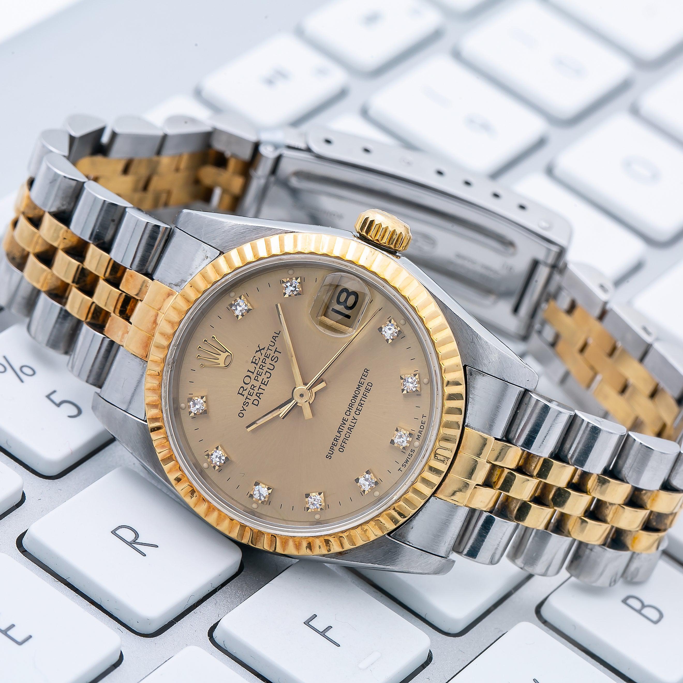 Rolex Datejust 31MM 6824 Champagne Diamond Dial Fluted Bezel Two Tone Yellow Gold Jubilee Bracelet