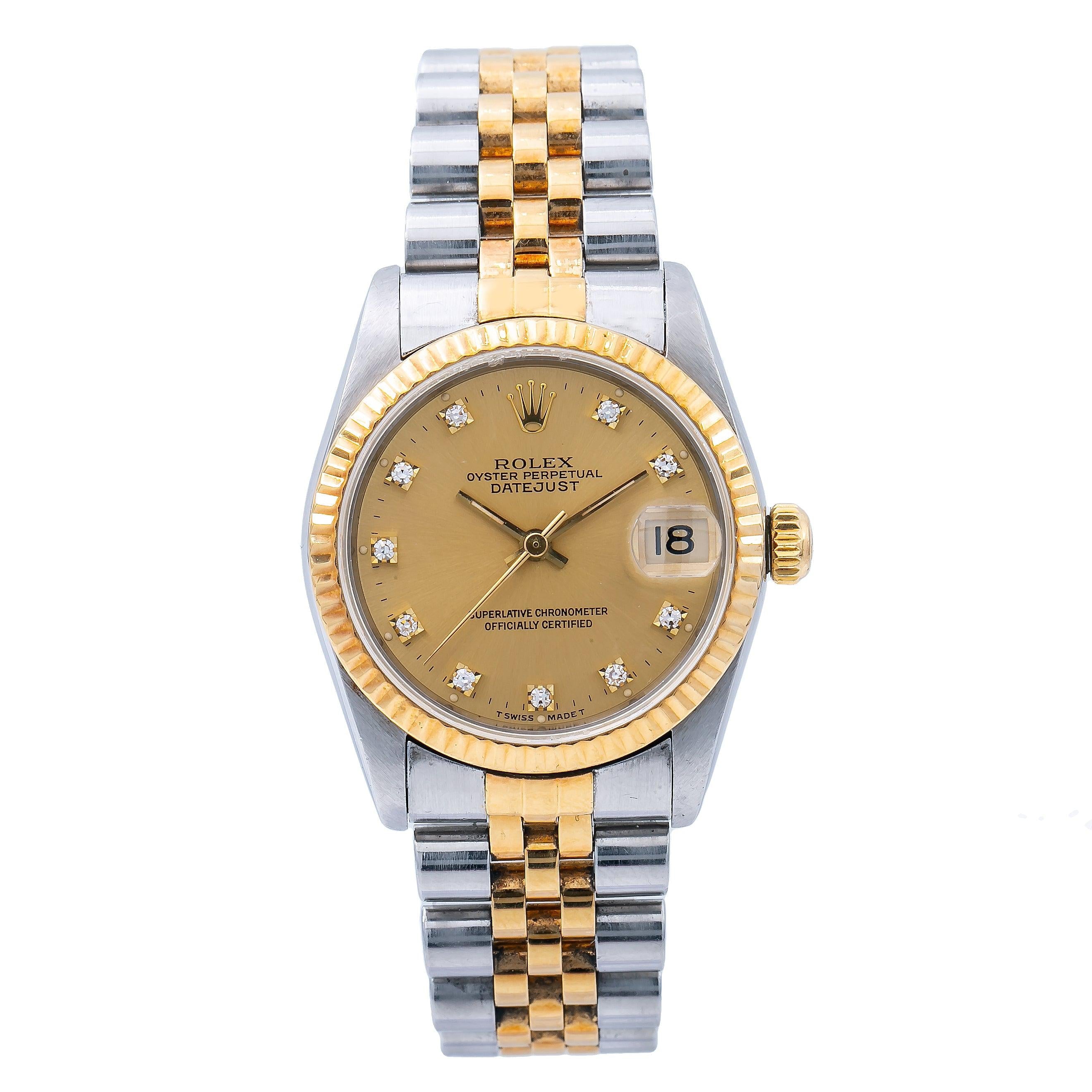 Rolex Datejust 31MM 6824 Champagne Diamond Dial Yellow Gold Fluted Bezel Two Tone Jubilee Bracelet