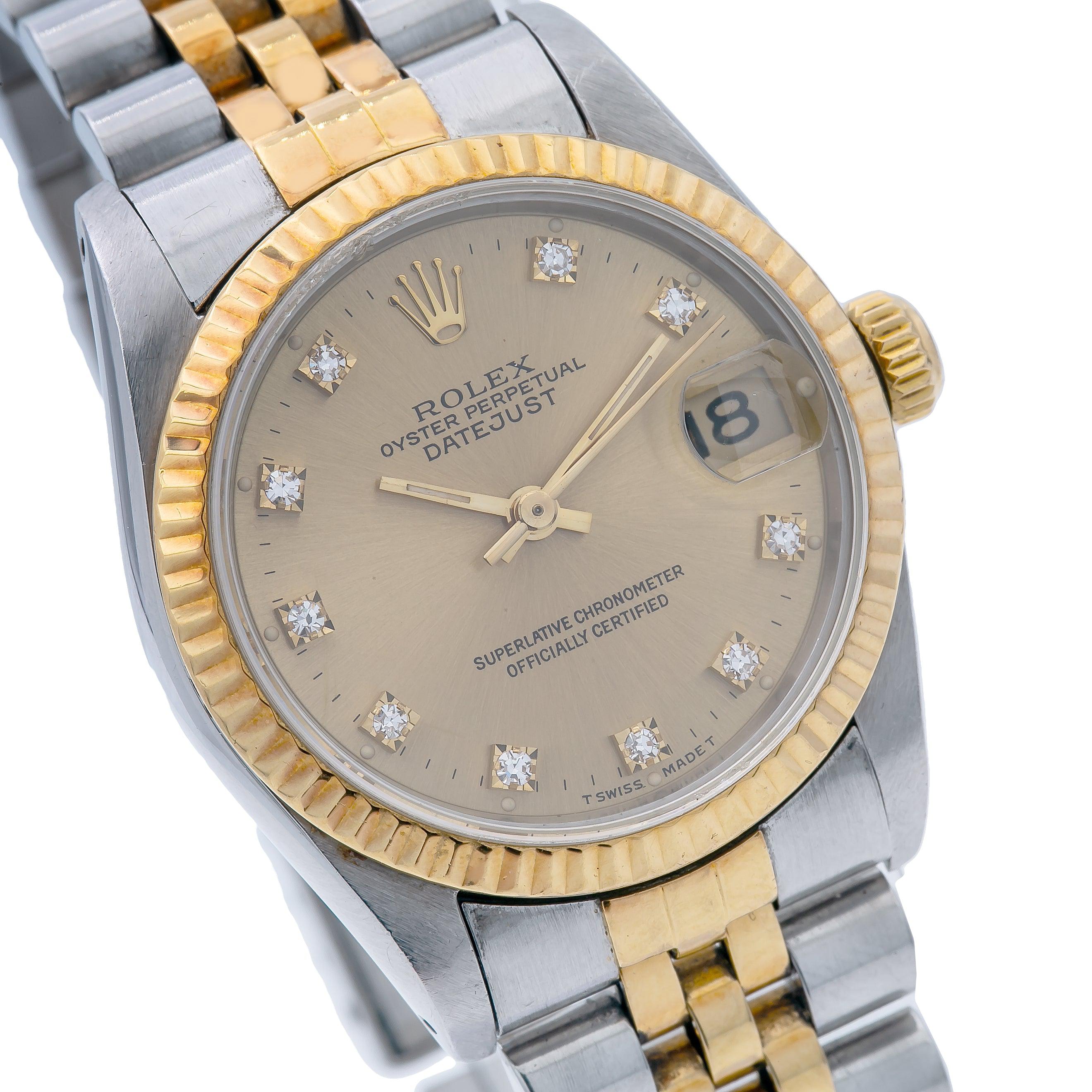 Rolex Datejust 31MM 6824 Champagne Diamond Dial Fluted Bezel Two Tone Yellow Gold Jubilee Bracelet