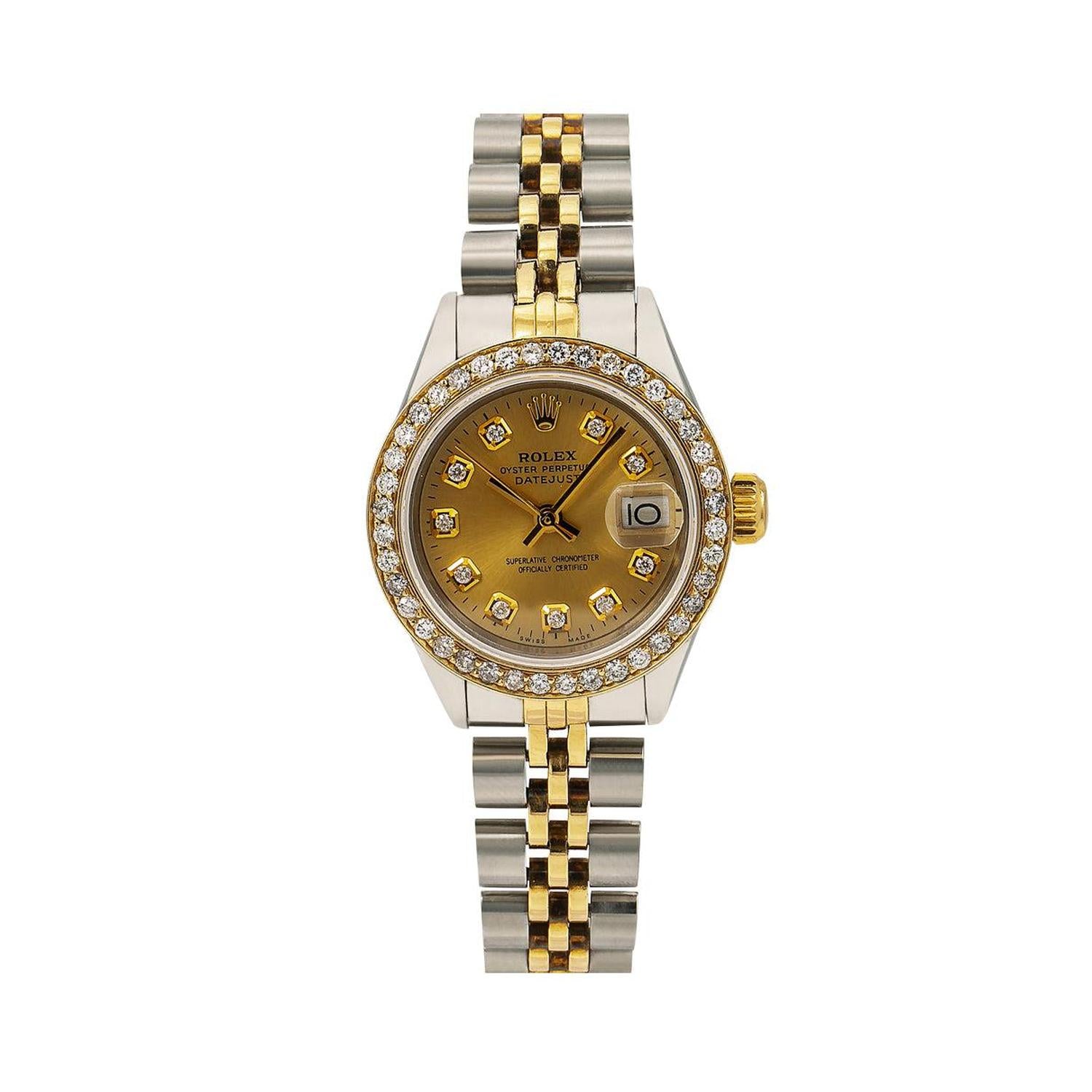 Rolex Datejust 26MM 69173 Champagne Diamond Dial Diamond Bezel Two Tone Jubilee Bracelet 0.9ct