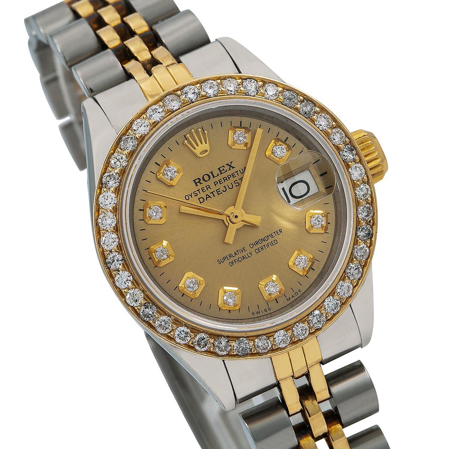 Rolex Datejust 26MM 69173 Champagne Diamond Dial Diamond Bezel Two Tone Yellow Gold Jubilee Bracelet 0.9ct