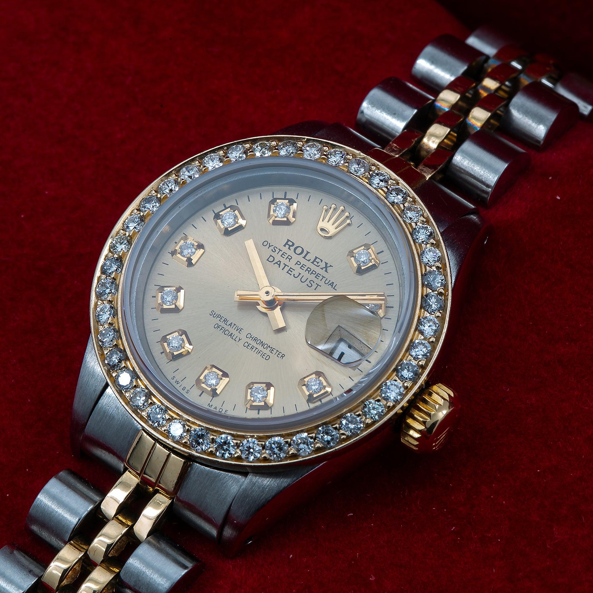Rolex Datejust 26MM 69173 Champagne Diamond Dial Diamond Bezel Two Tone Yellow Gold Jubilee Bracelet 0.9ct