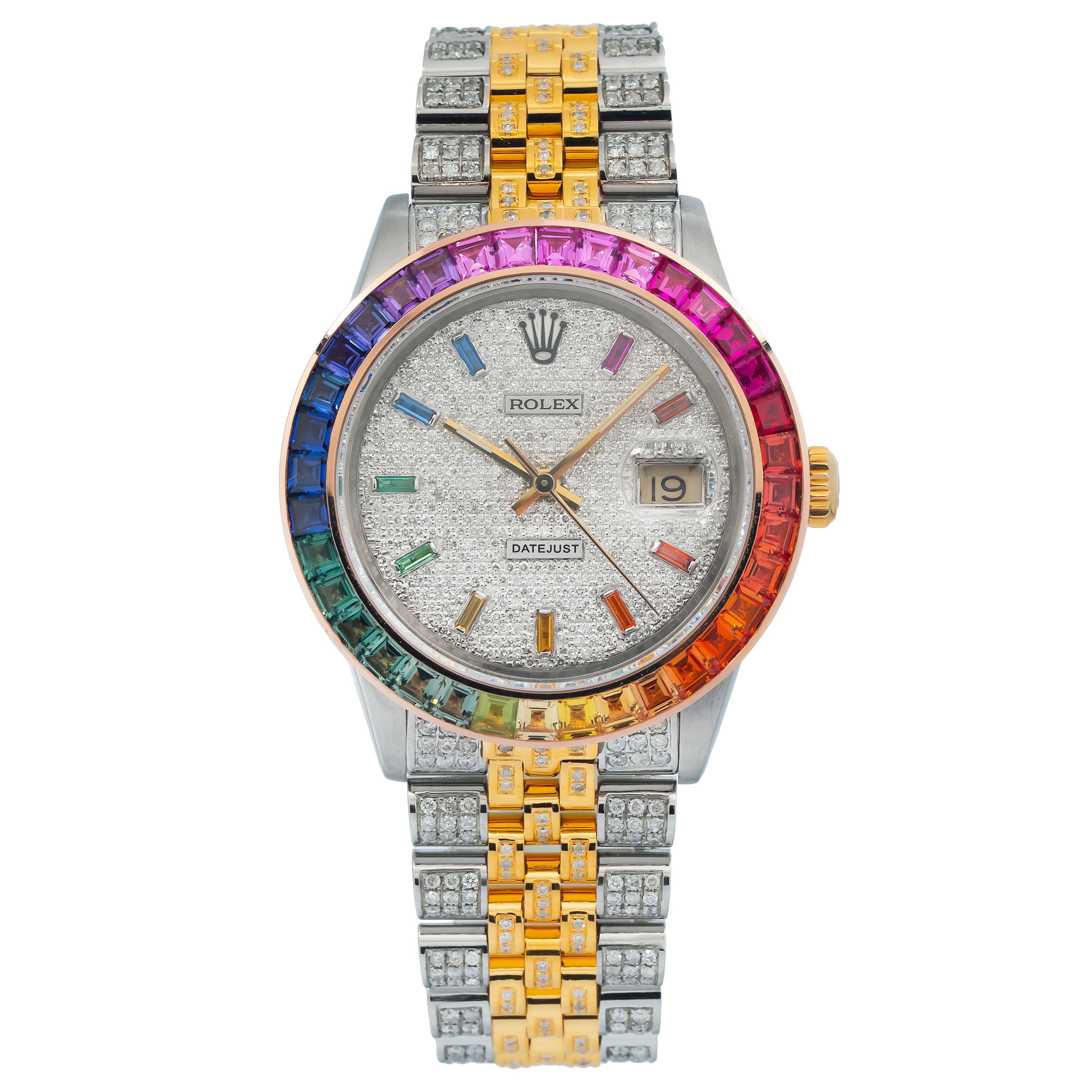 Rolex Datejust 36MM 16013 Diamond Paved Rainbow Hour Dial Rainbow Gemstone Bezel Two Tone Full Diamond Jubilee Bracelet
