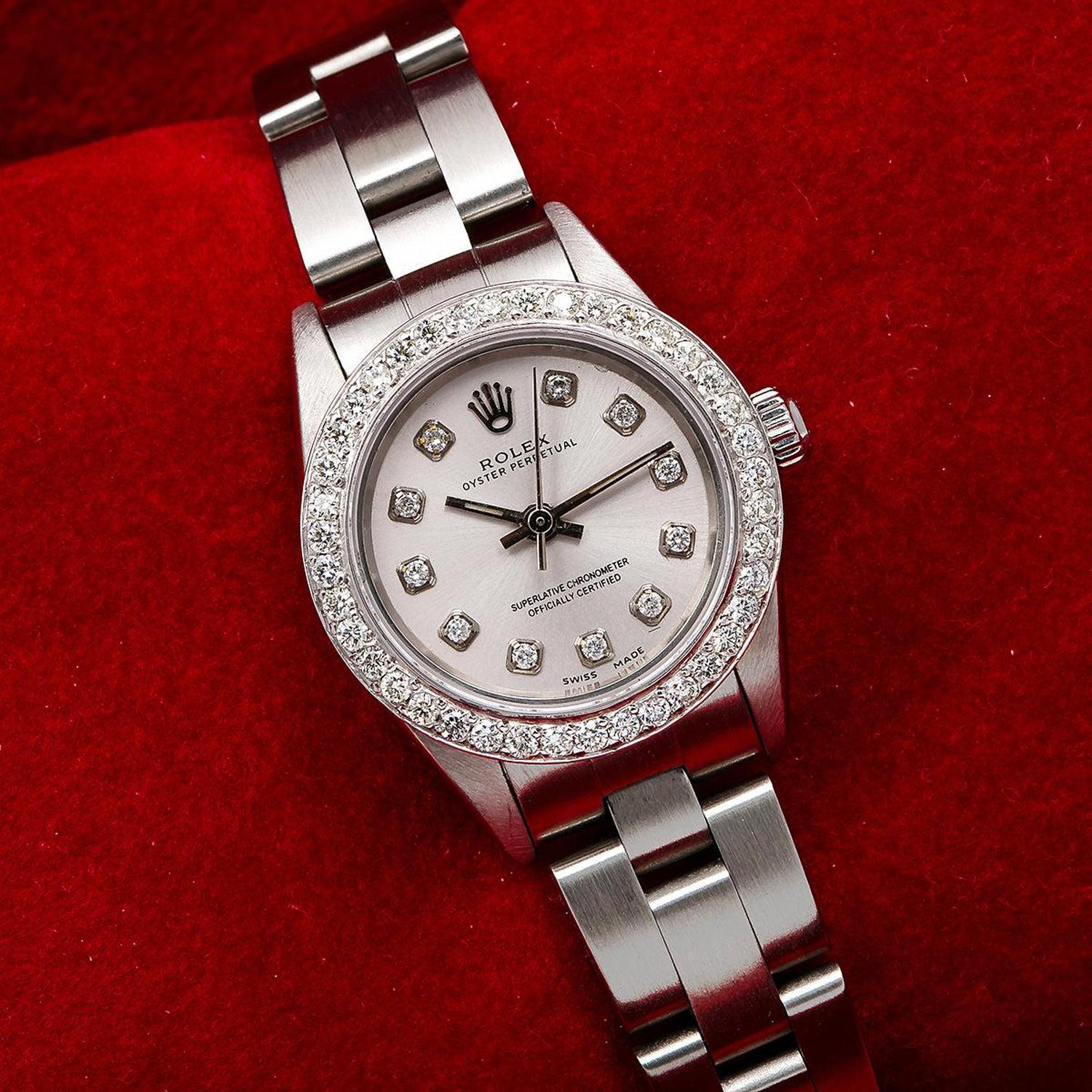 Rolex Oyster Perpetual 26MM 76080 Silver Diamond Dial Diamond Bezel Stainless Steel Oyster Bracelet 0.9ct