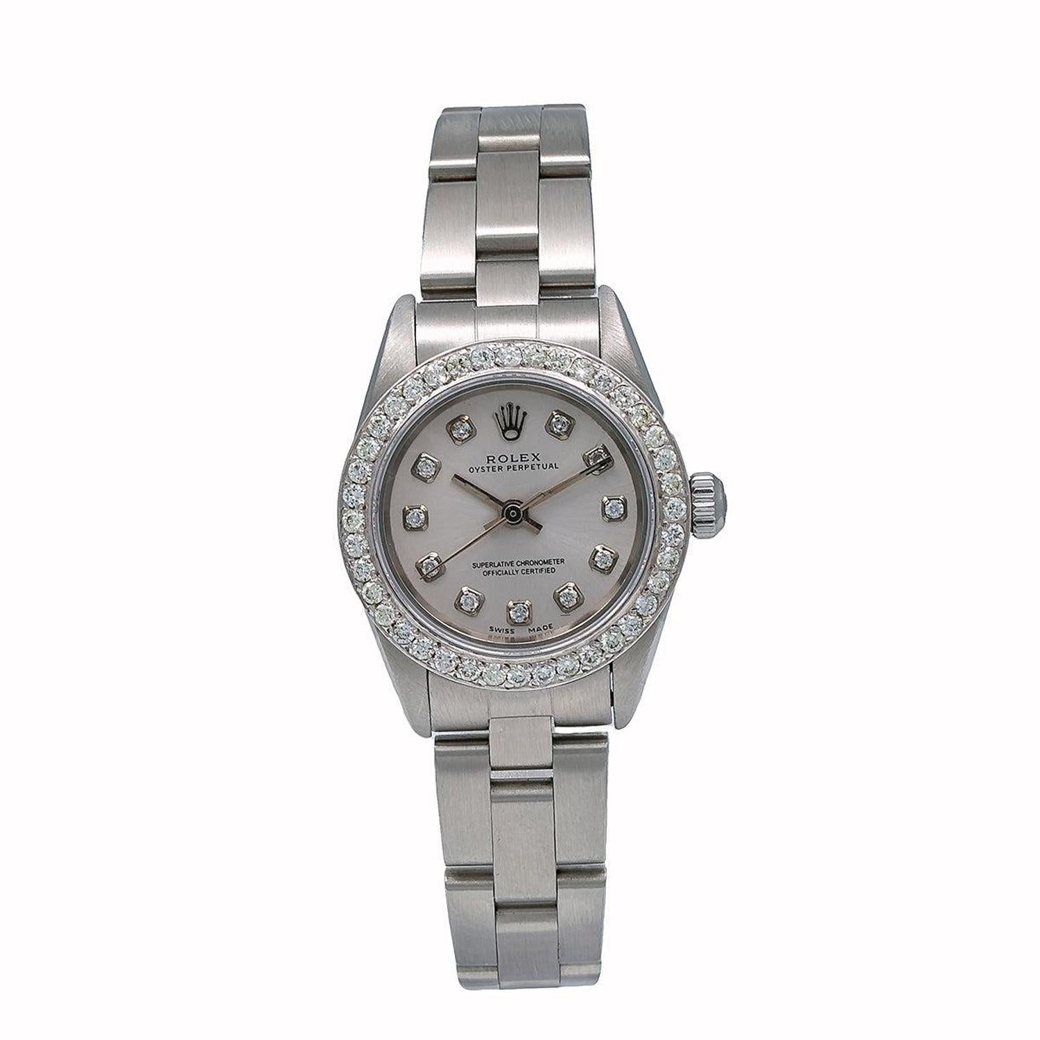 Rolex Oyster Perpetual 26MM 76080 Silver Diamond Dial Diamond Bezel Stainless Steel Oyster Bracelet 0.9ct