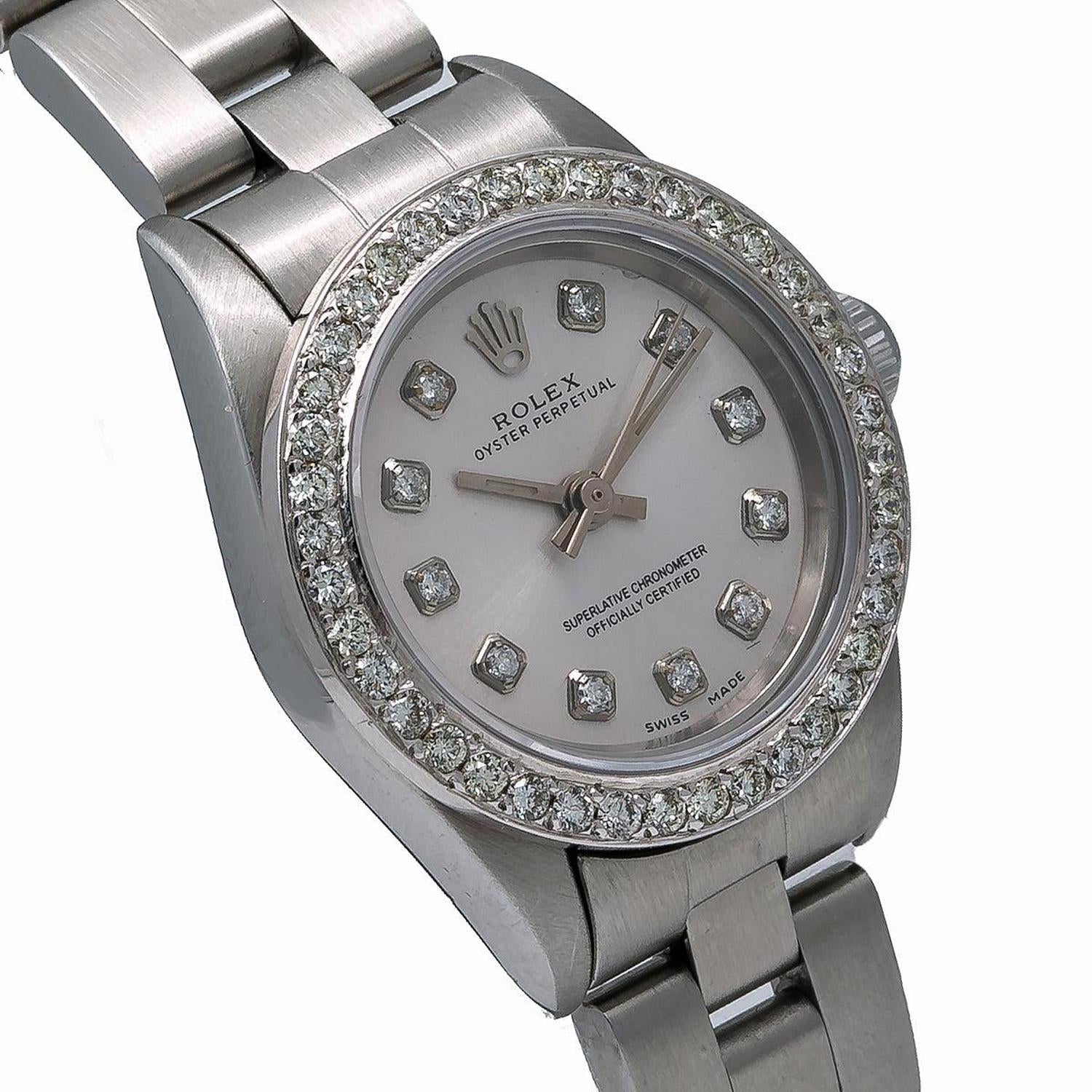 Rolex Oyster Perpetual 26MM 76080 Silver Diamond Dial Diamond Bezel Stainless Steel Oyster Bracelet 0.9ct