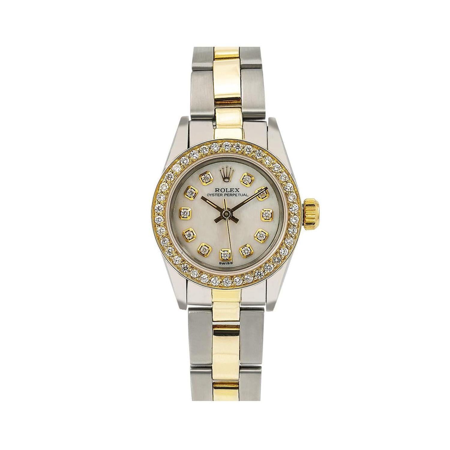 Rolex Oyster Perpetual 26MM 67193 Mother of Pearl Diamond Dial Diamond Bezel Two Tone Oyster Bracelet 0.9ct