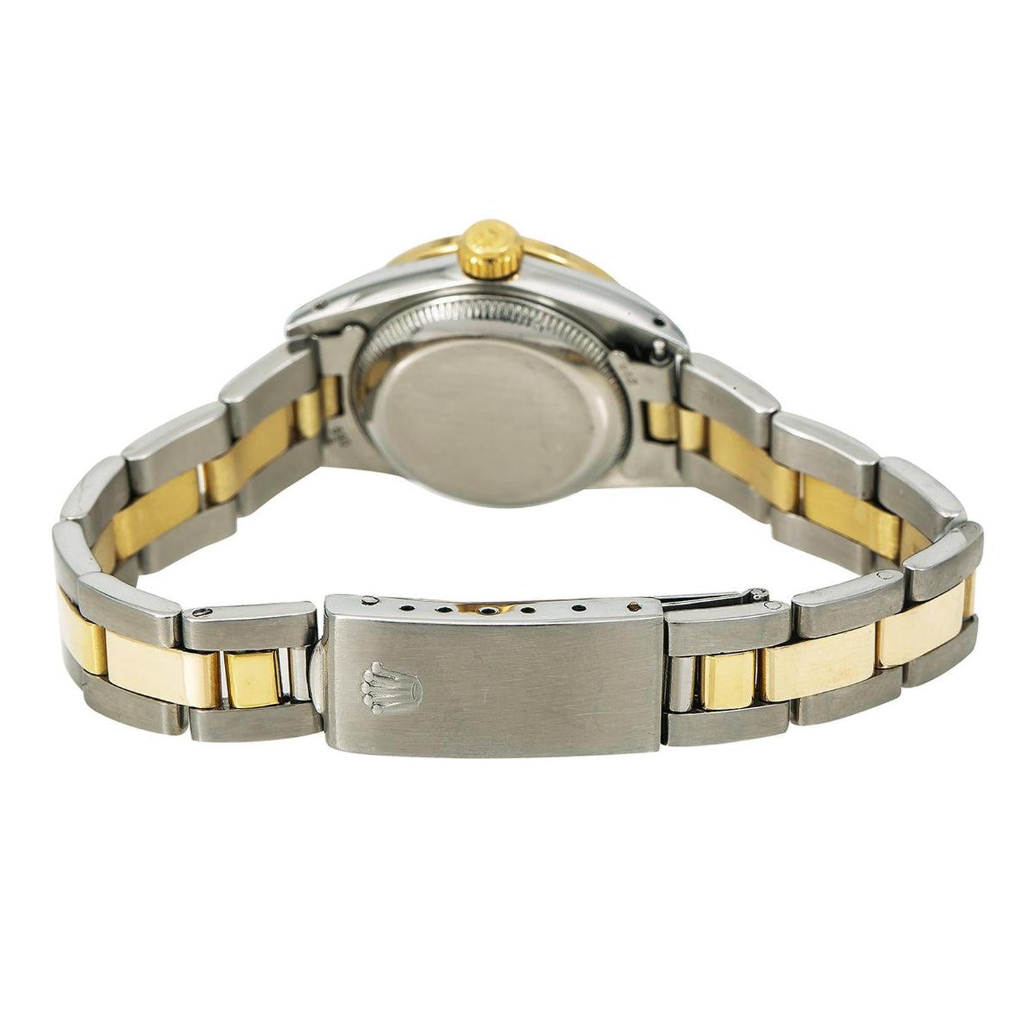 Rolex Oyster Perpetual 26MM 67193 White Mother of Pearl Diamond Dial Diamond Bezel Two Tone Yellow Gold Oyster Bracelet 0.9ct