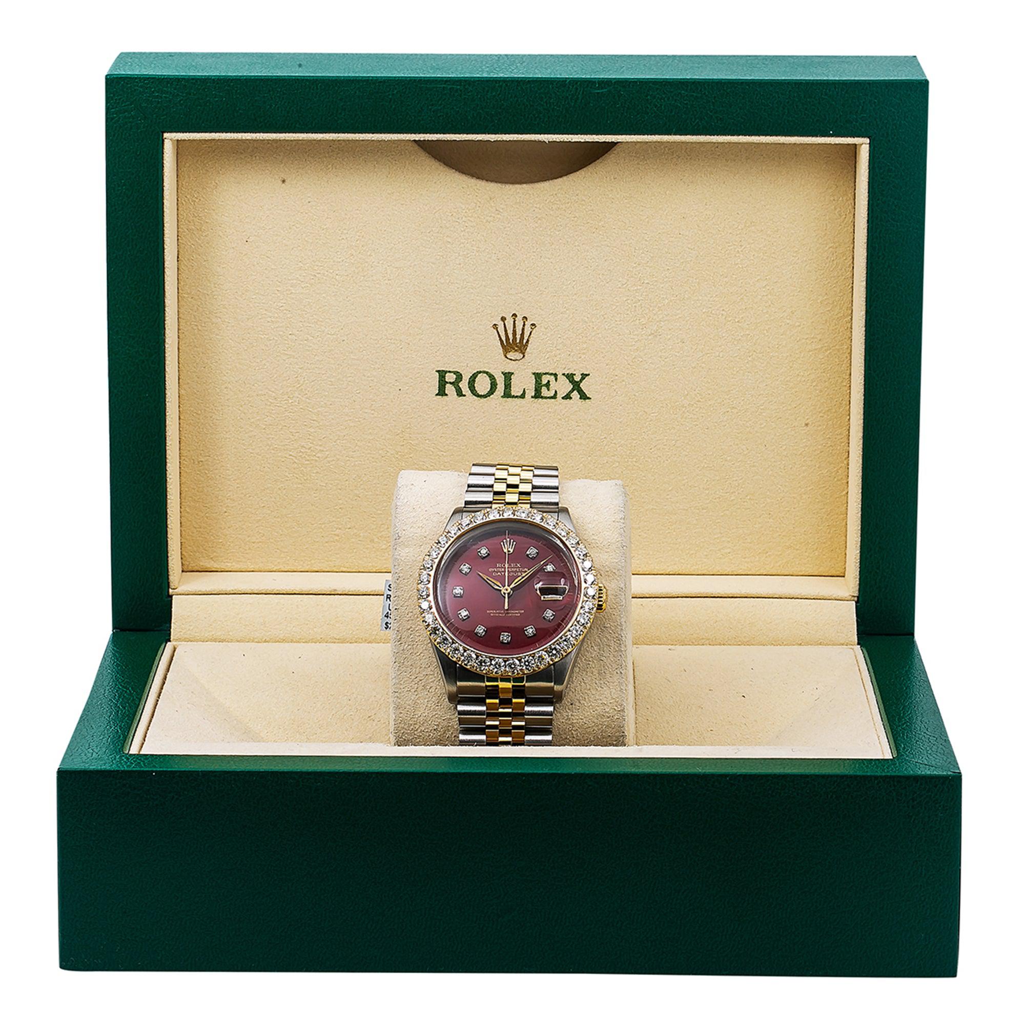 Rolex Datejust 36MM 16013 Red Diamond Dial Diamond Bezel Two Tone Yellow Gold Jubilee Bracelet 2.25ct