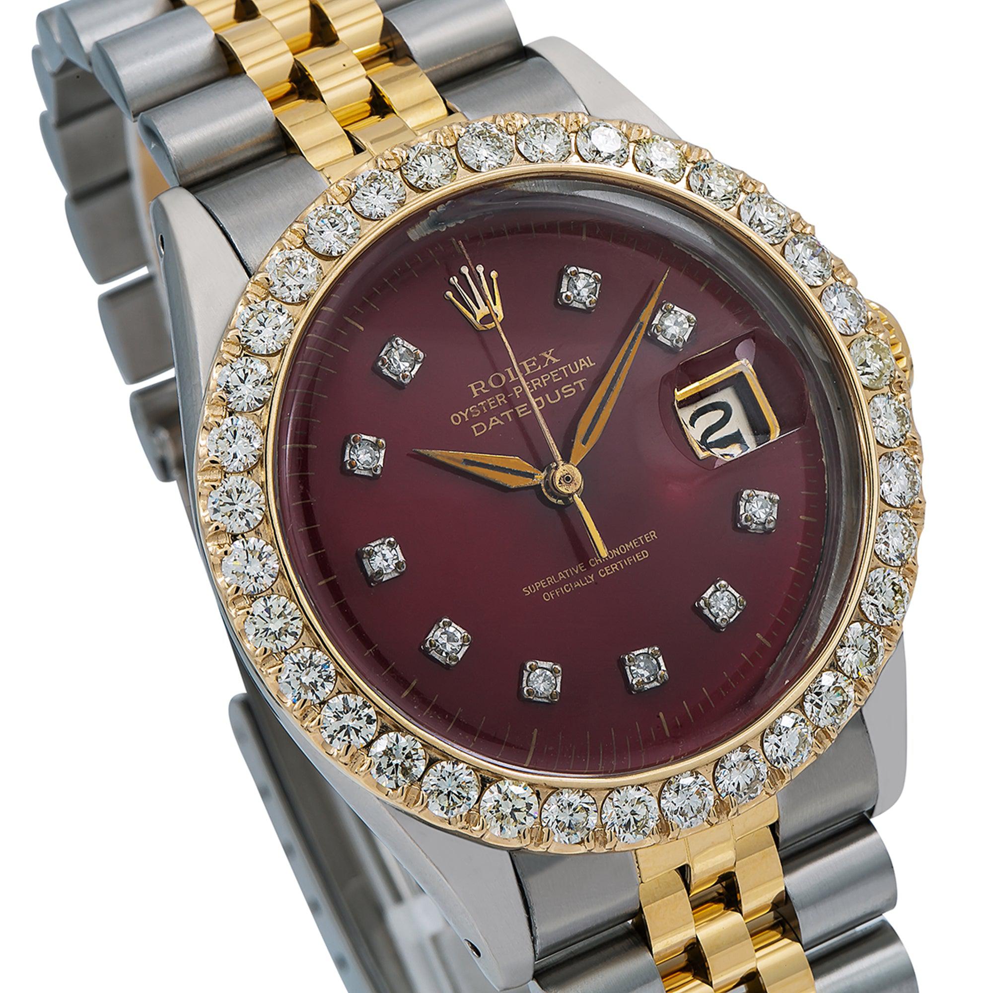 Rolex Datejust 36MM 16013 Red Diamond Dial Diamond Bezel Two Tone Yellow Gold Jubilee Bracelet 2.25ct