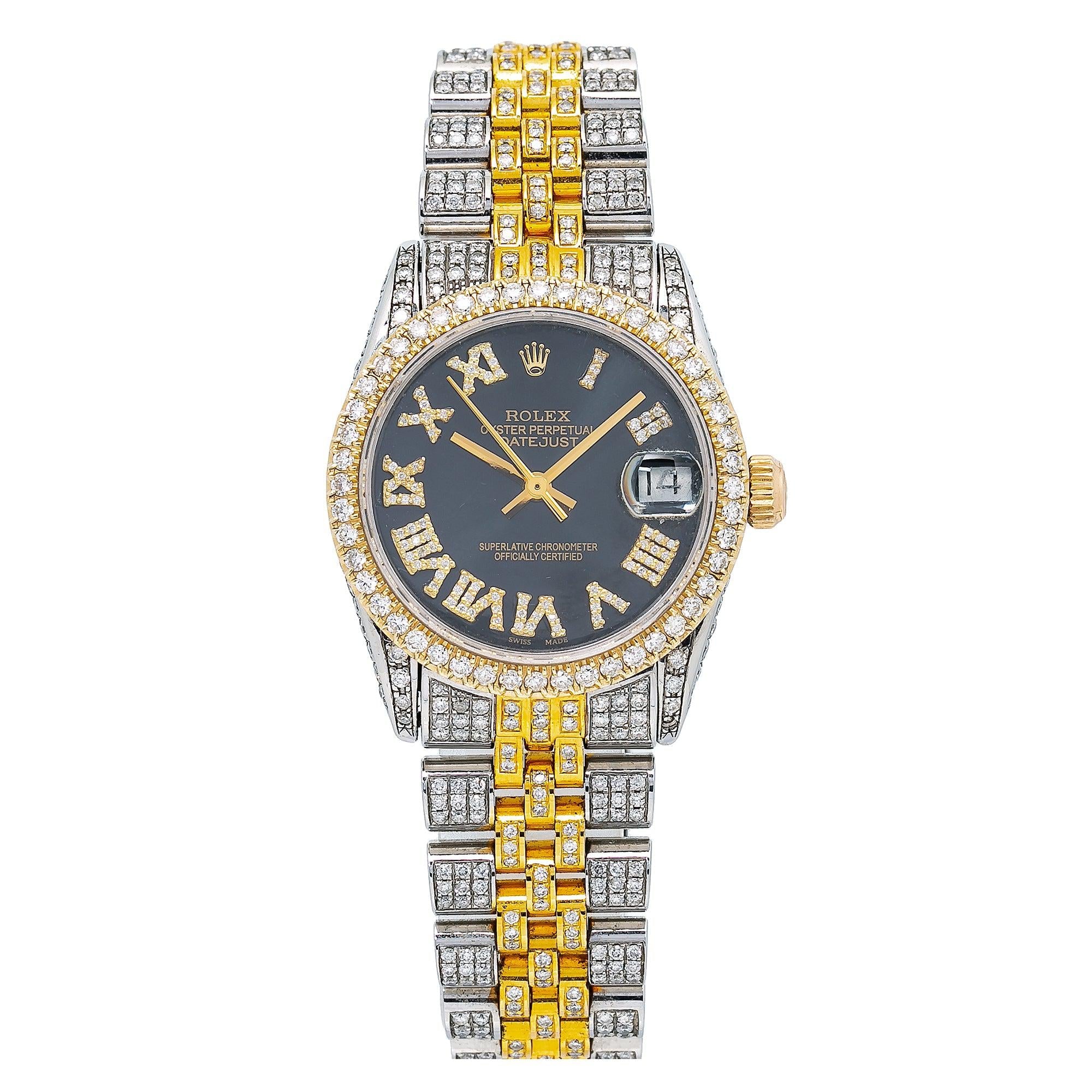 Rolex Datejust 31MM 6824 Black Roman Dial Diamond Bezel Two Tone Full Diamond Jubilee Bracelet