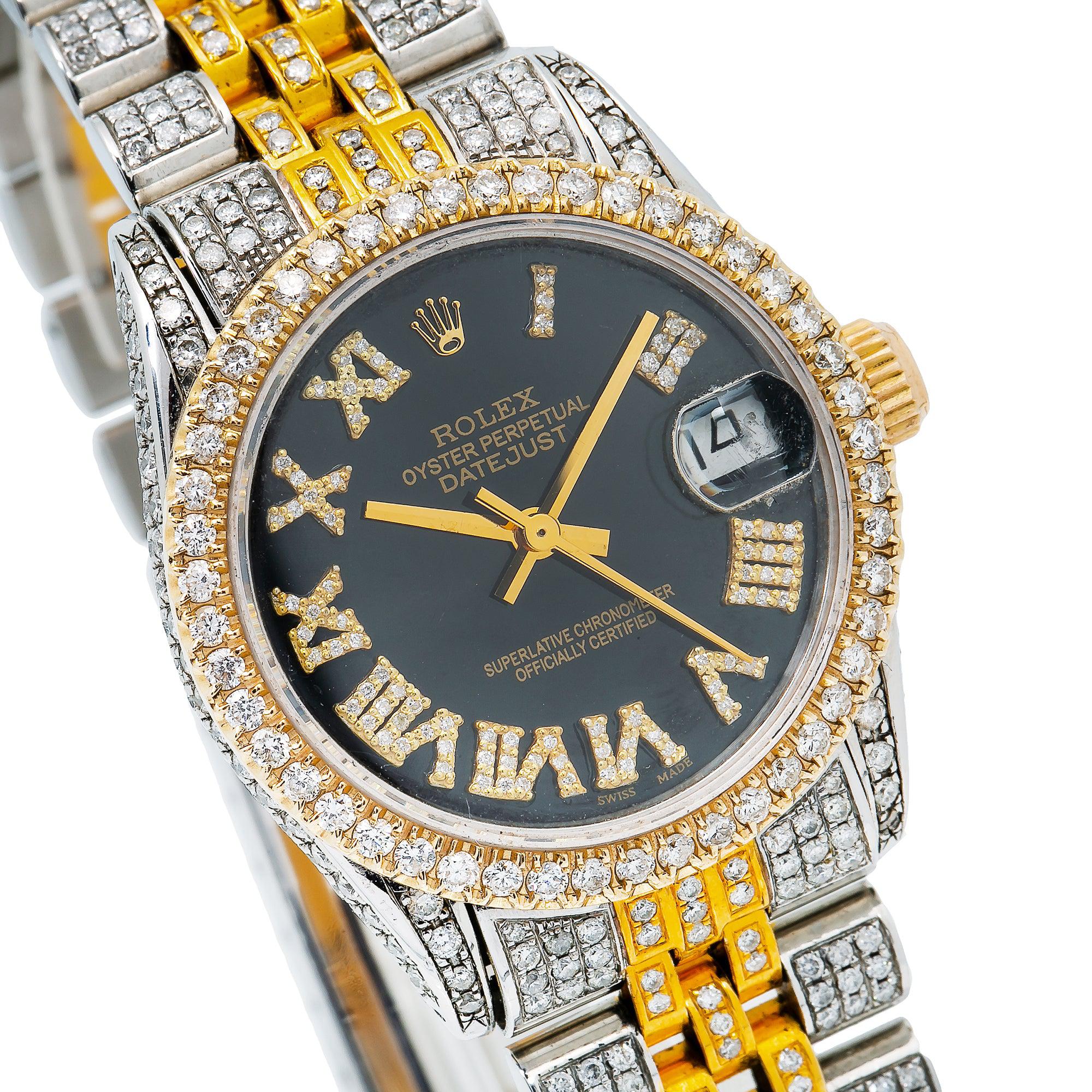 Rolex Datejust 31MM 6824 Black Roman Diamond Dial Diamond Bezel Two Tone Yellow Gold Full Diamond Jubilee Bracelet
