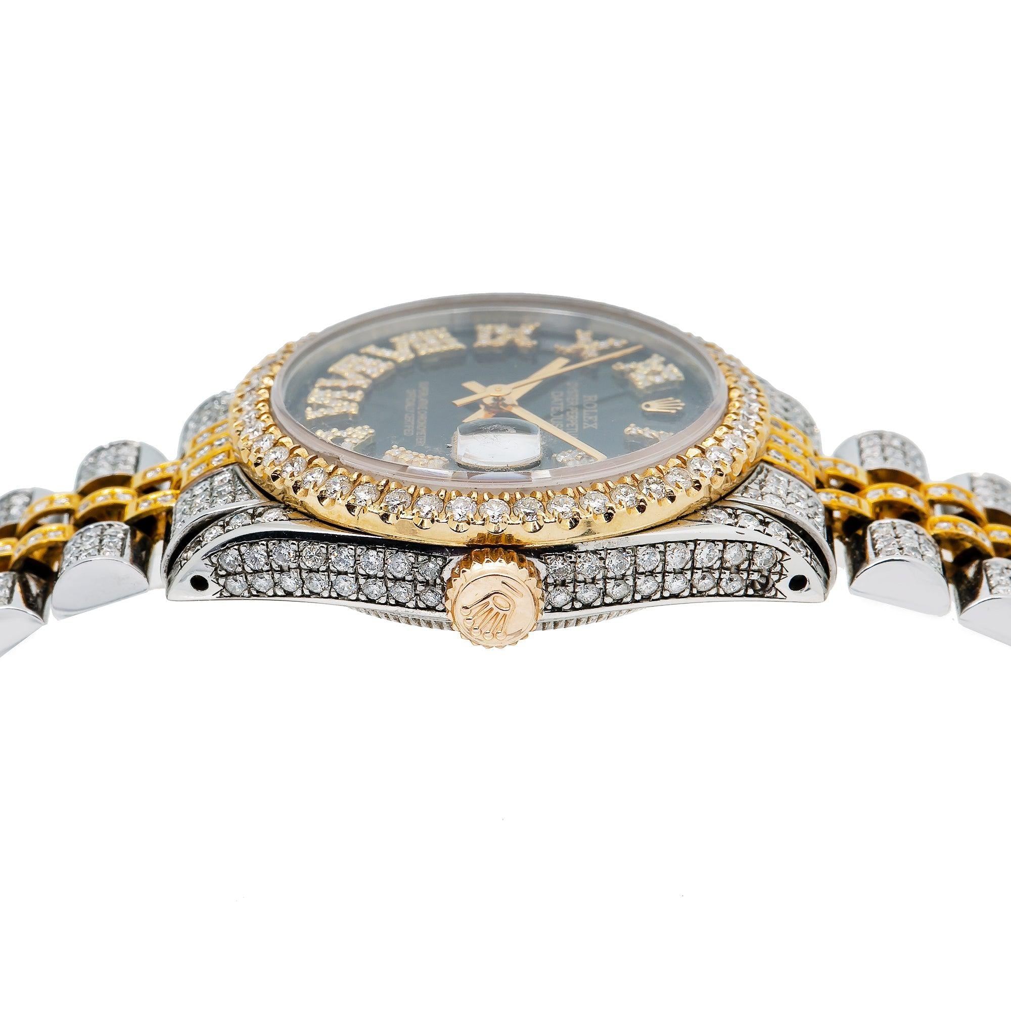 Rolex Datejust 31MM 6824 Black Roman Diamond Dial Diamond Bezel Two Tone Yellow Gold Full Diamond Jubilee Bracelet