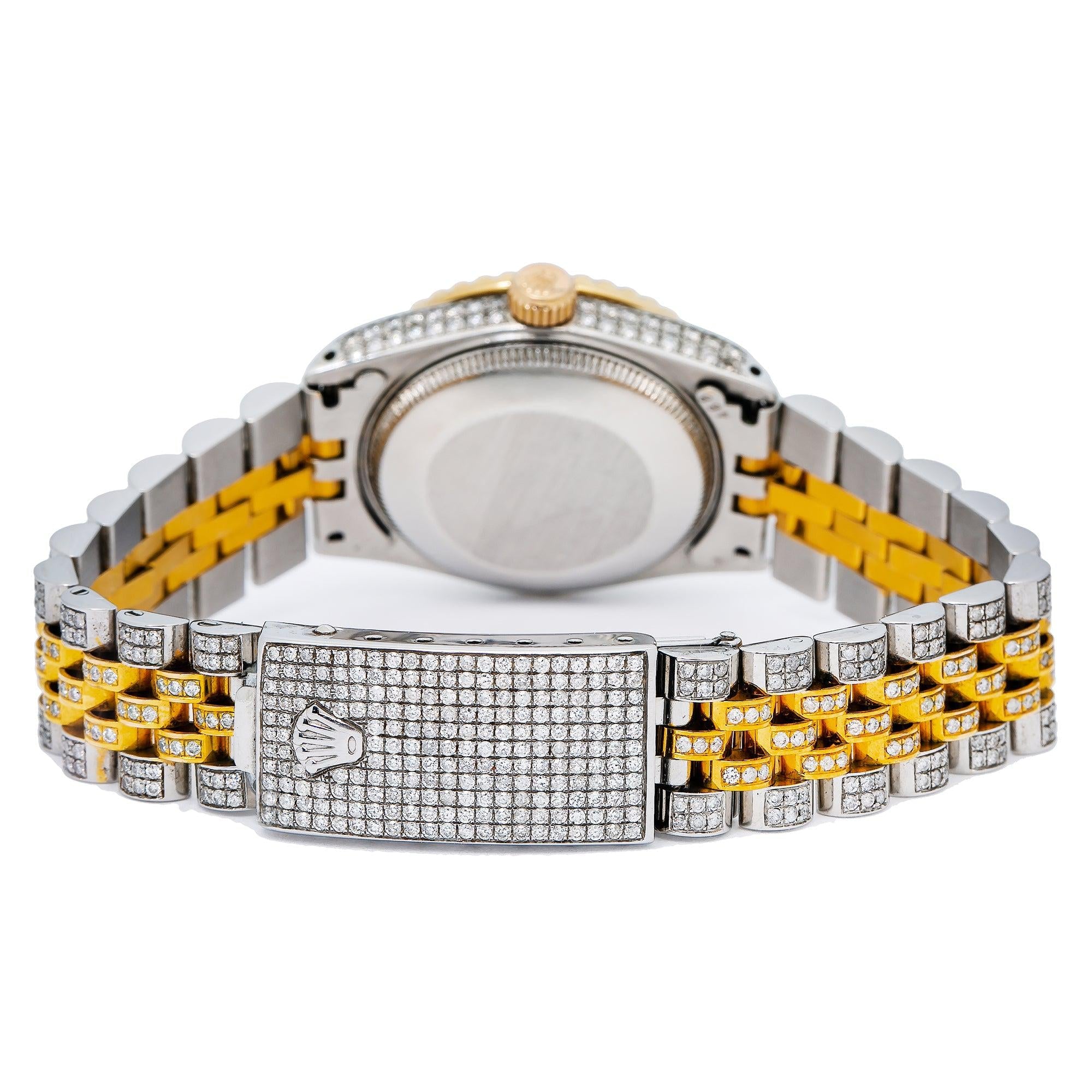 Rolex Datejust 31MM 6824 Black Roman Diamond Dial Diamond Bezel Two Tone Yellow Gold Full Diamond Jubilee Bracelet