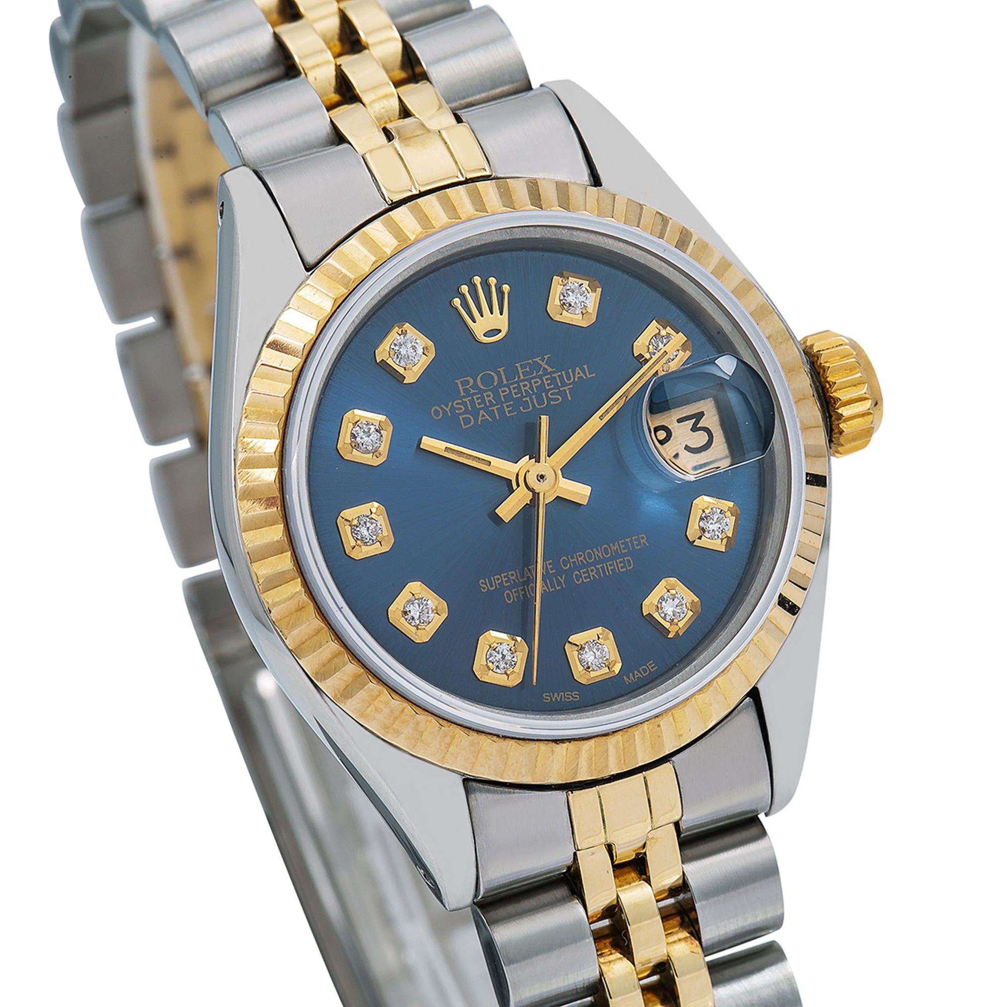 Rolex Datejust 26MM 69173 Blue Diamond Dial Yellow Gold Fluted Bezel Two Tone Jubilee Bracelet
