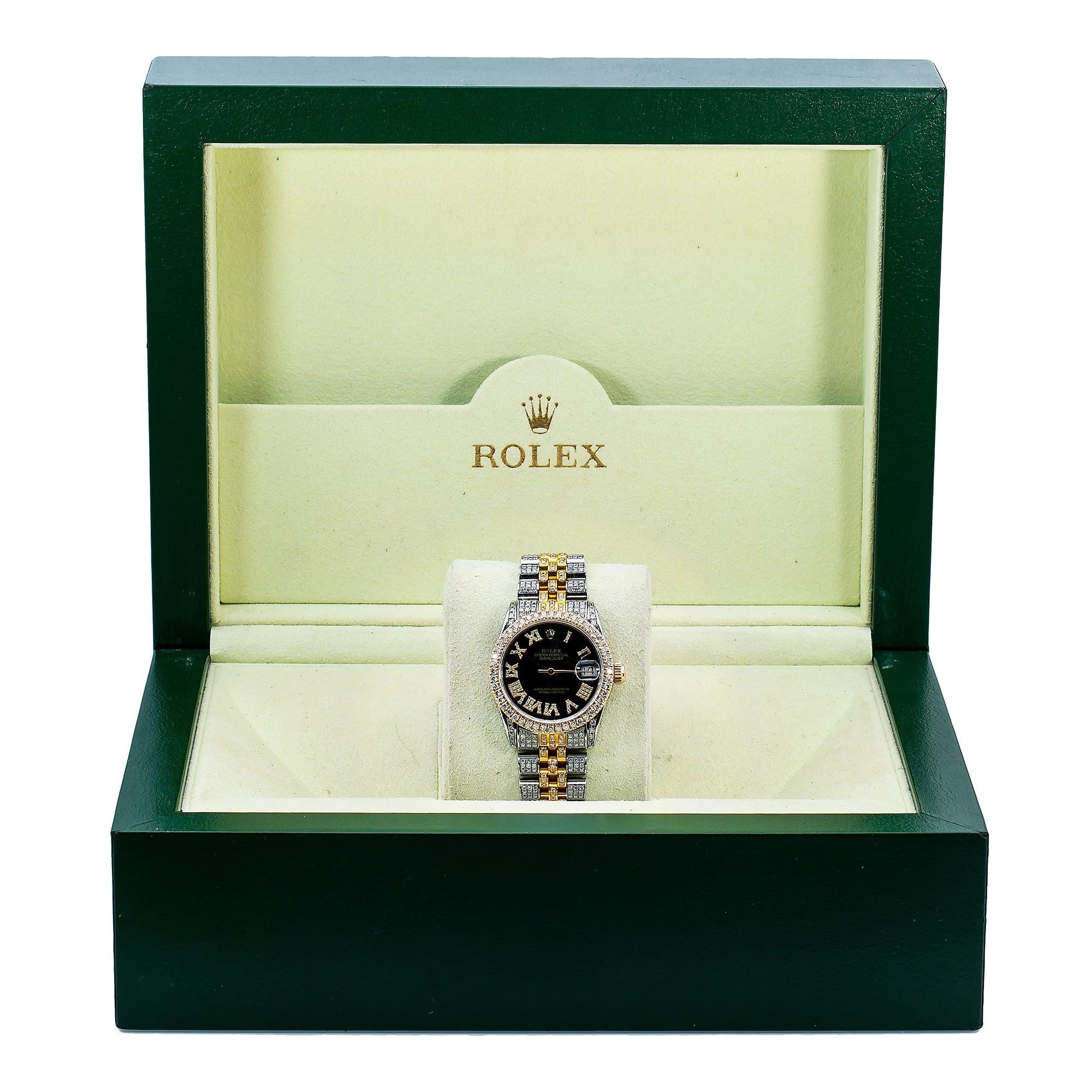 Rolex Datejust 31MM 6824 Black Roman Diamond Dial Diamond Bezel Two Tone Yellow Gold Full Diamond Jubilee Bracelet