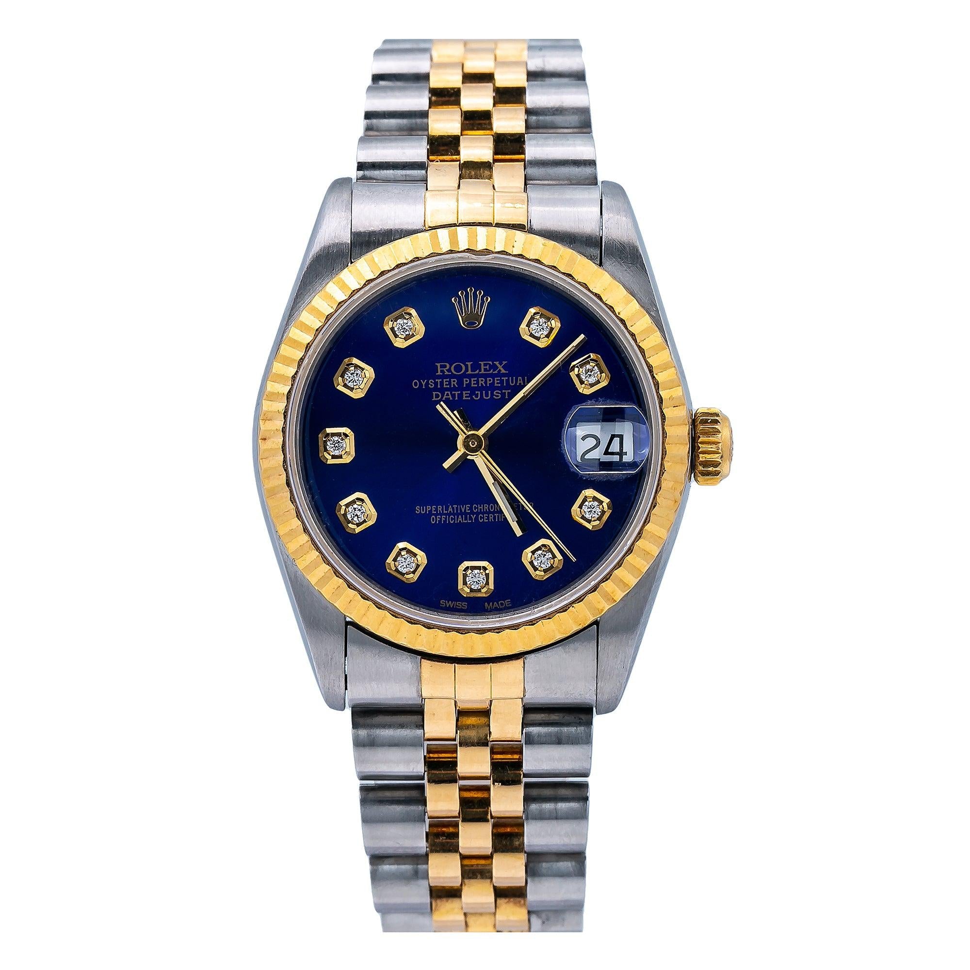 Rolex Datejust 31MM 6824 Blue Diamond Dial Yellow Gold Fluted Bezel Two Tone Jubilee Bracelet